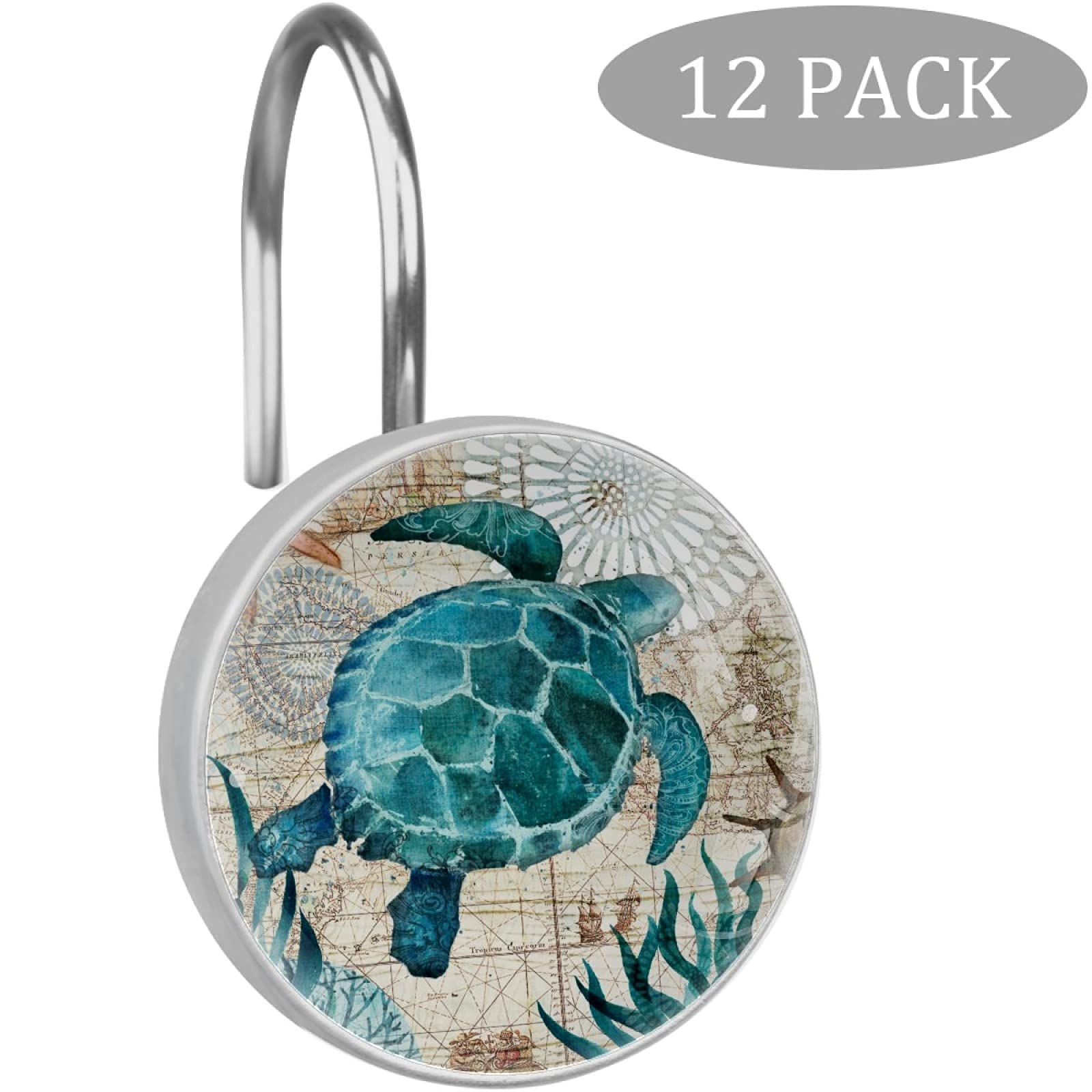 12 ganchos para cortina de ducha de tortugas oceánicas, anillos de ducha decorativos de tortugas retro, anillos de ducha redondos de acero inoxidable para baño
