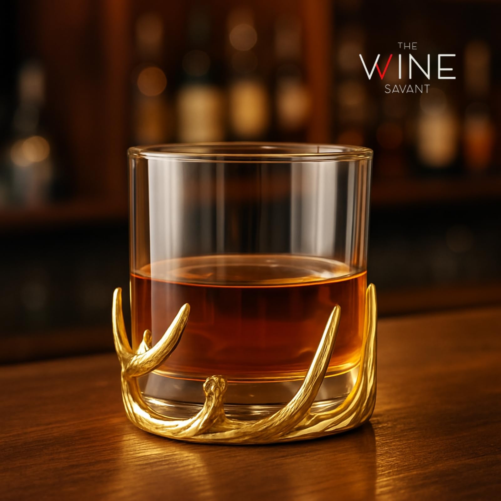 Verre à whisky double en bois doré à l'ancienne, 355,7 g, gobelet DOF avec base décorative, verrerie lourde pour bourbon, cocktails, bar rustique, décoration occidentale, cadeau unique pour lui ou