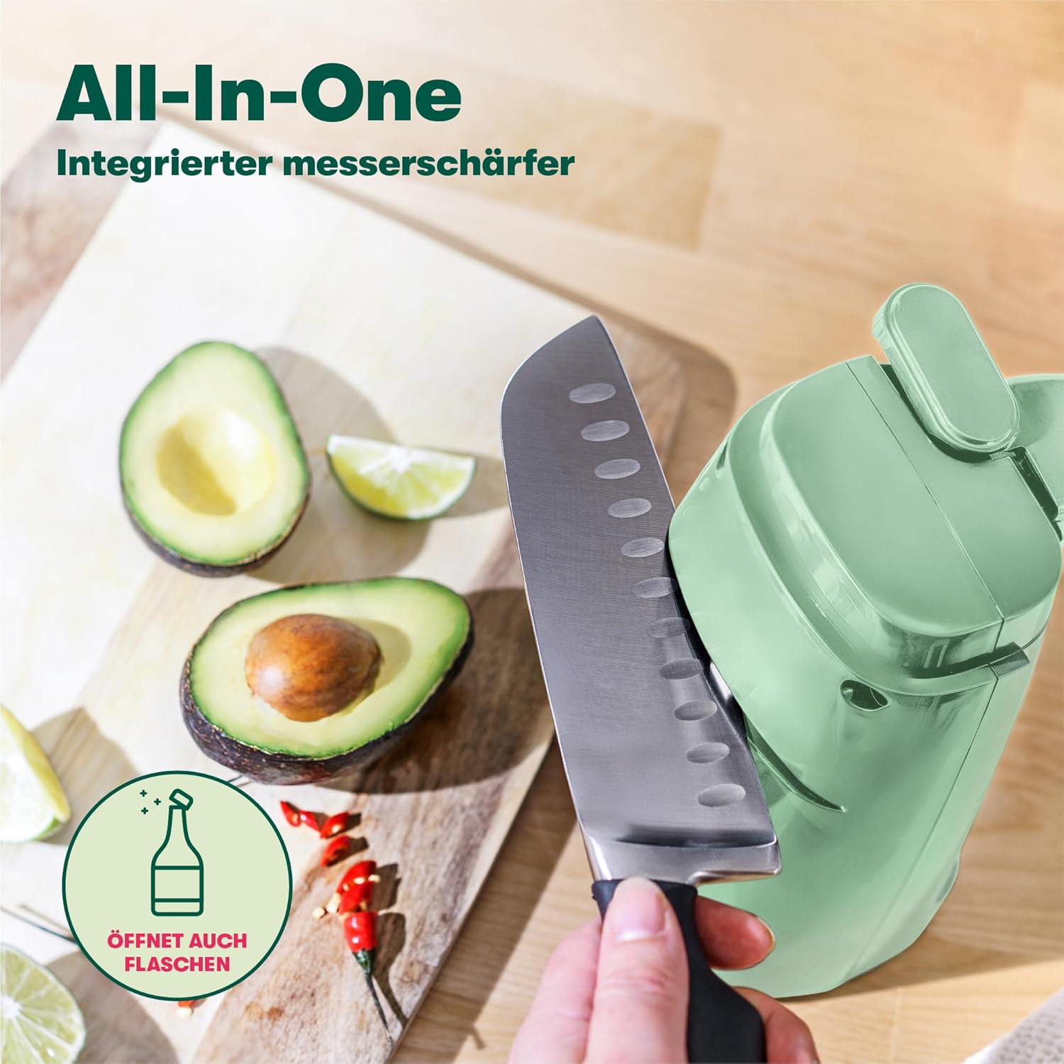 BELLA Electric Can Opener and Knife Sharpener, Multifunctional Jar and Bottle Opener with Removable Cutting Lever and Cable Storage, Stainless Steel Blade, Sage Green