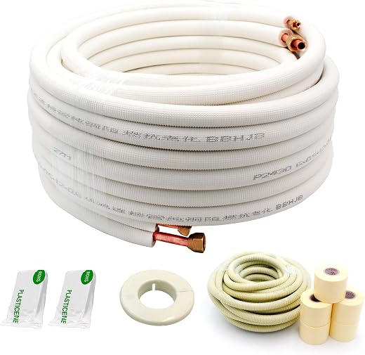 50ft Length Mini Split Line Set,1/4" 5/8" OD Copper Pipes Tubing and 3/8 White PE Thickened Insulated Coil with Flared Nut...