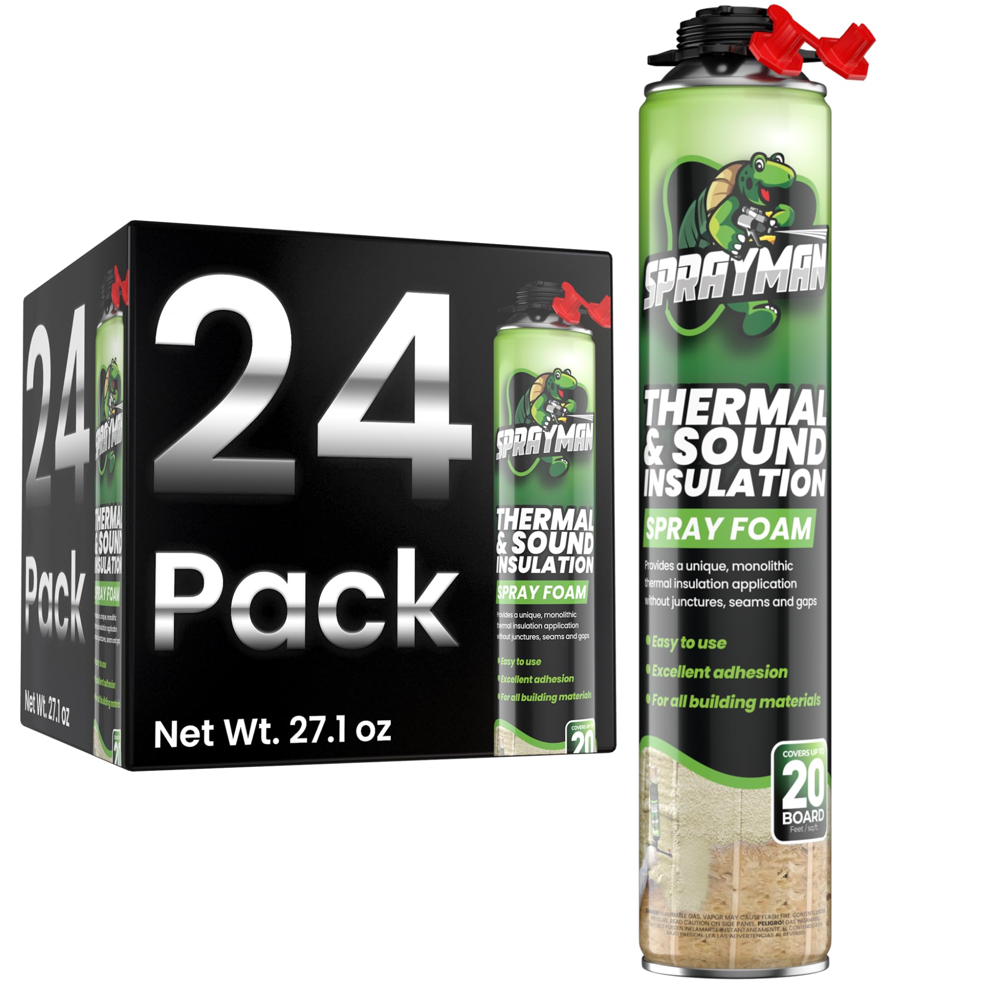 Sprayman Spray Foam Insulation (480 Sq.Ft.) - Closed Cell Polyurethane Expanding Foam Sealant, Thermal & Acoustic Protection for Wall and Attic - Gun & Cleaner NOT Included, 27.1 oz, 24 Pack