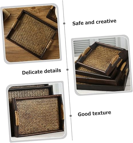 Miniatura 6 de BUGUUYO Bandeja de ratán tailandés, bandeja de té de madera, bandeja rectangular para servir, bandejas de madera, bandejas de madera, bandeja de