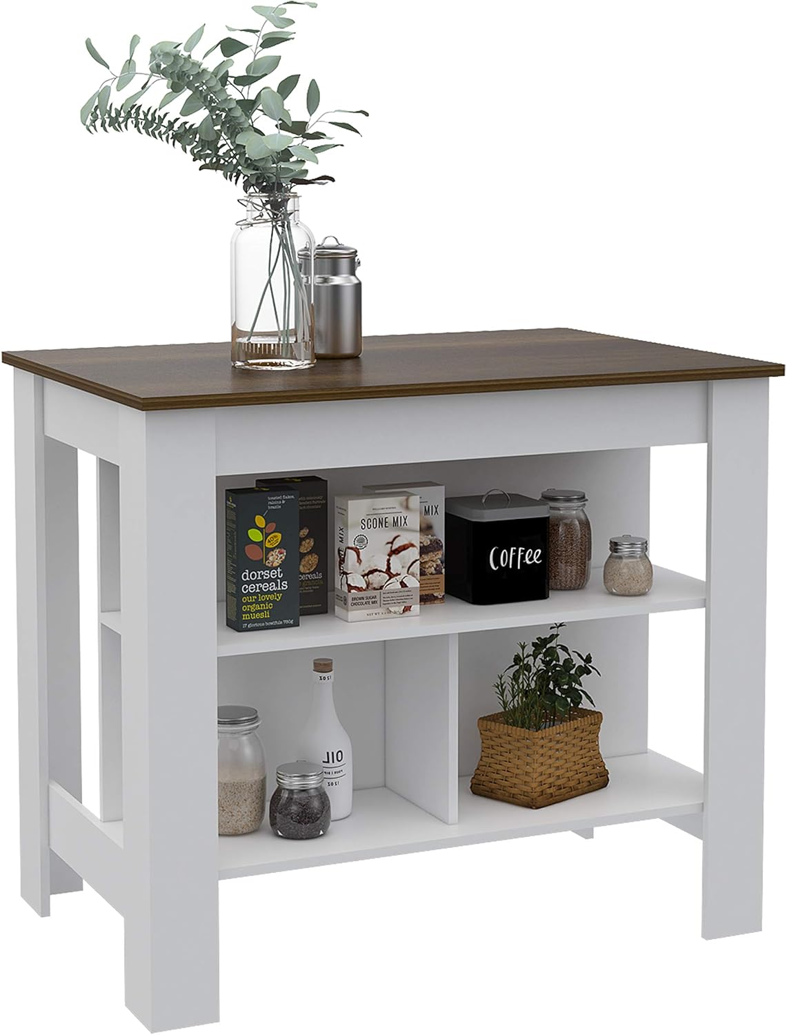Brooklyn Kitchen Island White, Surface Color Caramel, with Three Uncovered Shelves. for Kitchen Room