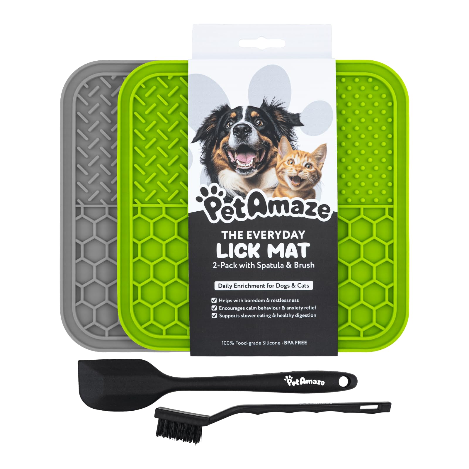PetAmaze Lick Mat for Dogs & Cats, 2-Pack with Spatula & Cleaning Brush, Slow Feeder Mat for Enrichment, Calming, Anxiety, Boredom & Training, Food-Grade, BPA Free with Suction Cups