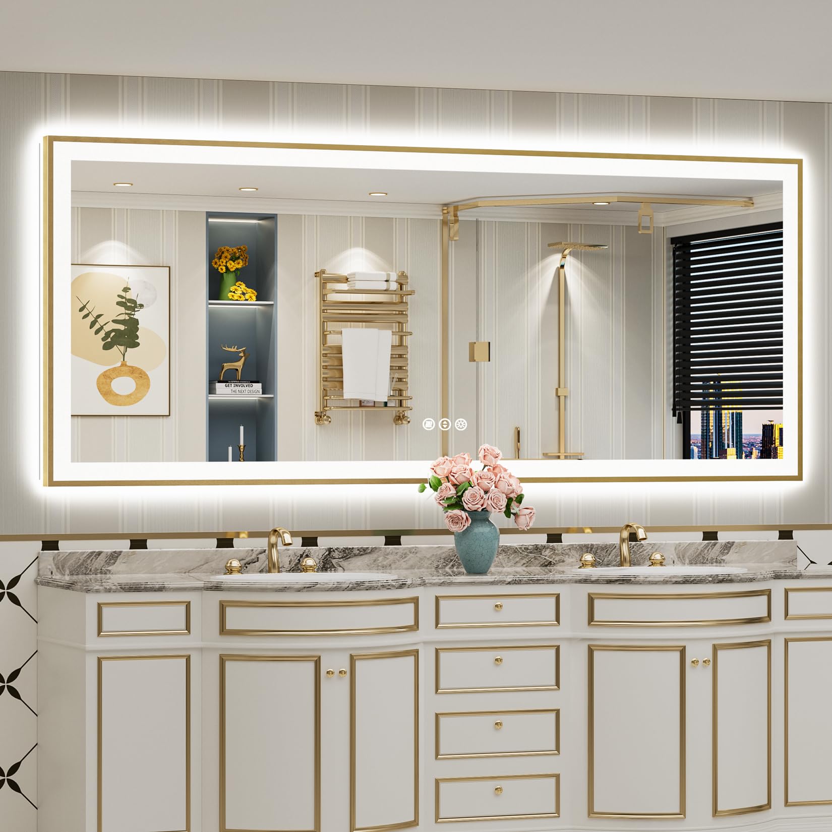 88x38 Gold LED Bathroom Mirror with Lights, Lighted Vanity Mirror