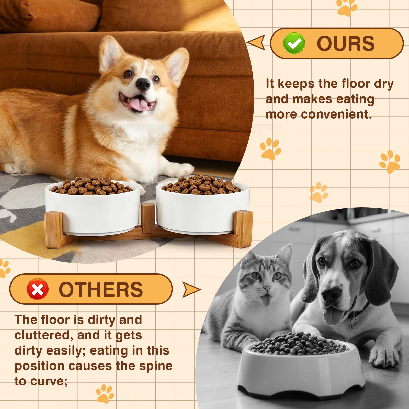 Ciotole per cani in ceramica con supporto in legno