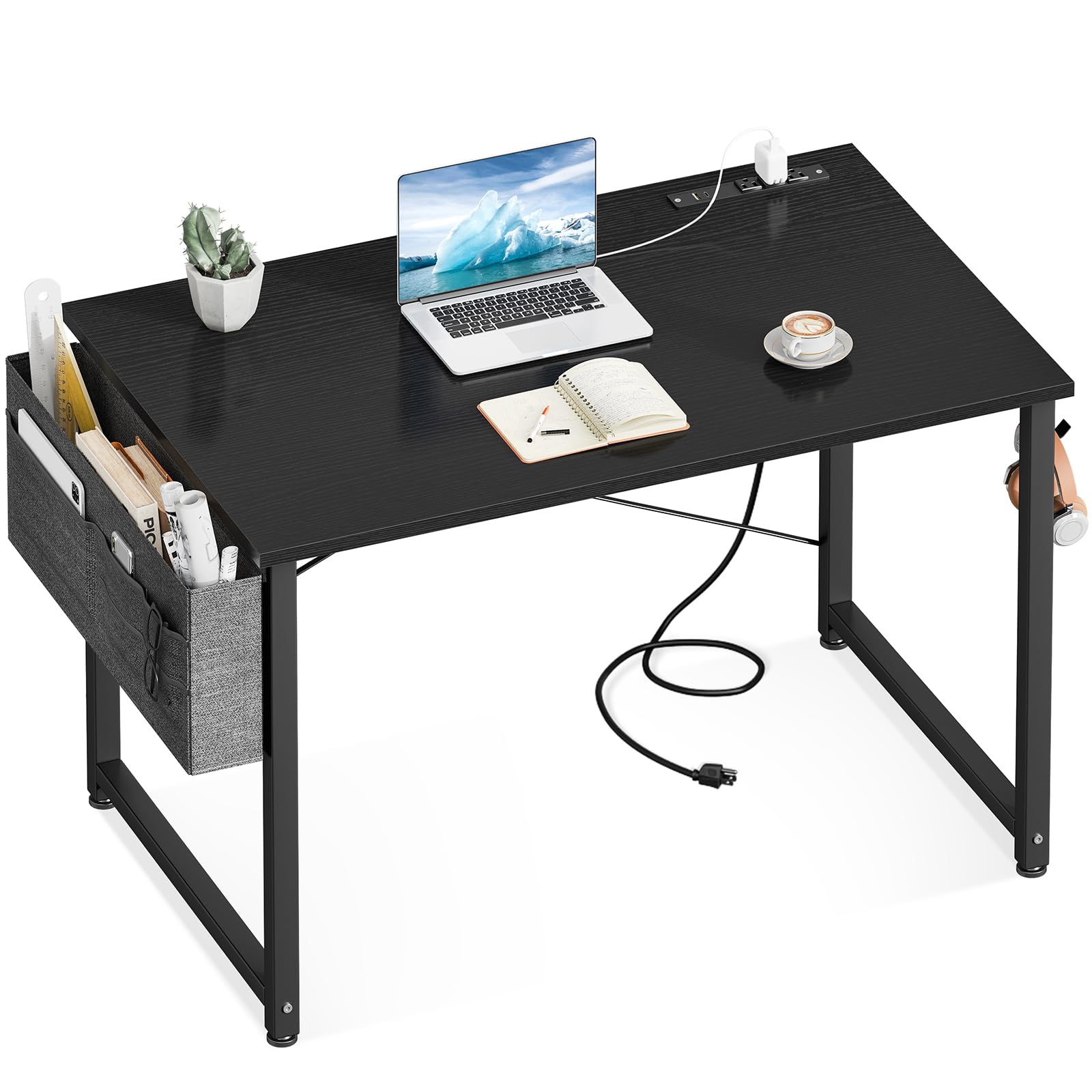 ODK Computer Desk - 40 Inch Office Writing Desk for Home, Student Study Desk with Storage Bag, Headphone Hook & Power Outlets, Modern Simple Table for Bedroom, Black