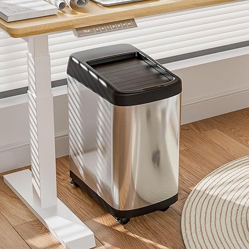 Miniatura 4 de ELLO&ALLO Bote de basura de cocina de 13 galones con tapa enrollable, sensor de movimiento automático sin contacto rectangular con ruedas, acabado