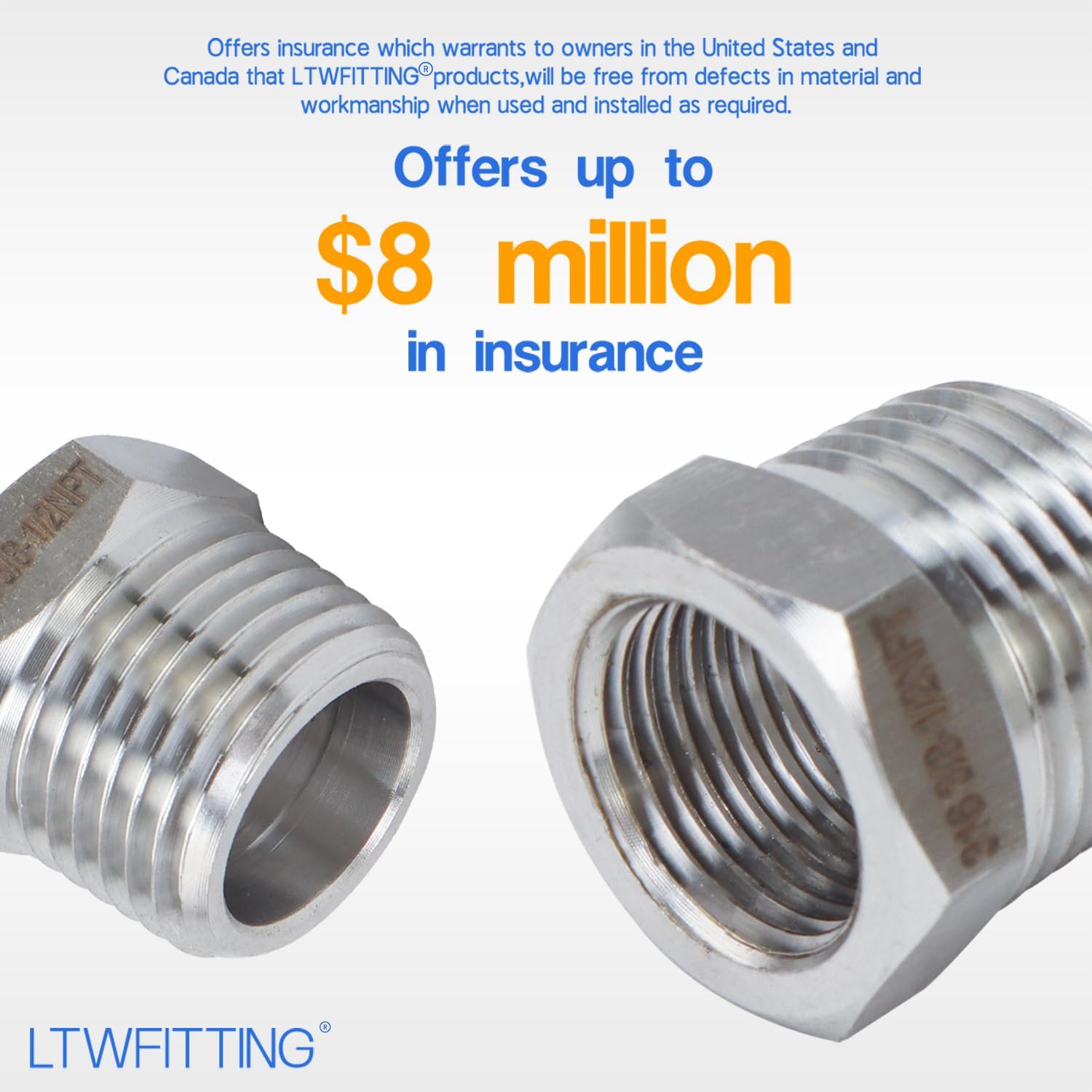 LTWFITTING Bar Production Stainless Steel 316 Pipe Hex Bushing Reducer Fittings 1/2" Male x 3/8" Female NPT Fuel Water Boat (Pack of 5)