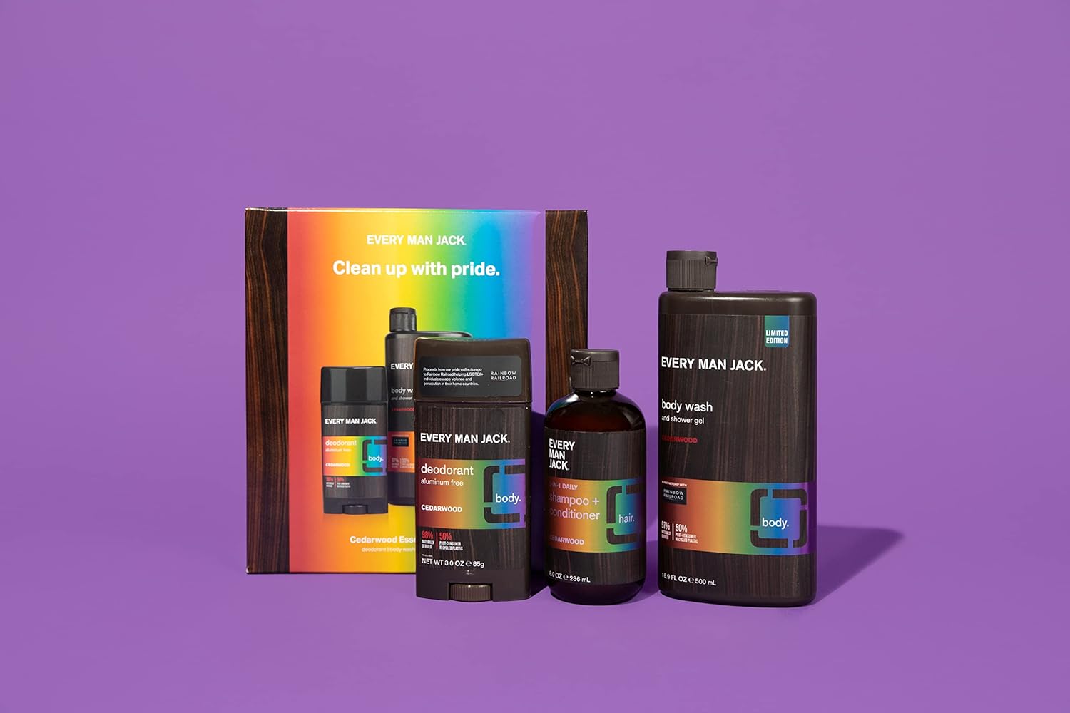 Every Man Jack Pride Essentials Box - Includes Three Grooming Essentials with Clean Ingredients & Incredible Scents - Round Out His Routine with Body wash, Deodorant, and 2-in-1 Shampoo