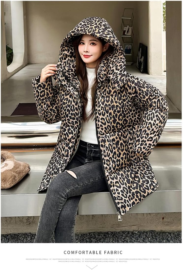 utcoco Womens 2024 Fashion Leopard Belted Padded Puffer Coat Winter Warm Quilted Jackets Parka with Removable Hood