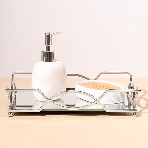 Miniatura 4 de Bandeja de tocador de cristal con espejo, bandeja de maquillaje plateada, bandeja decorativa de metal, organizador de joyas rectangulares,