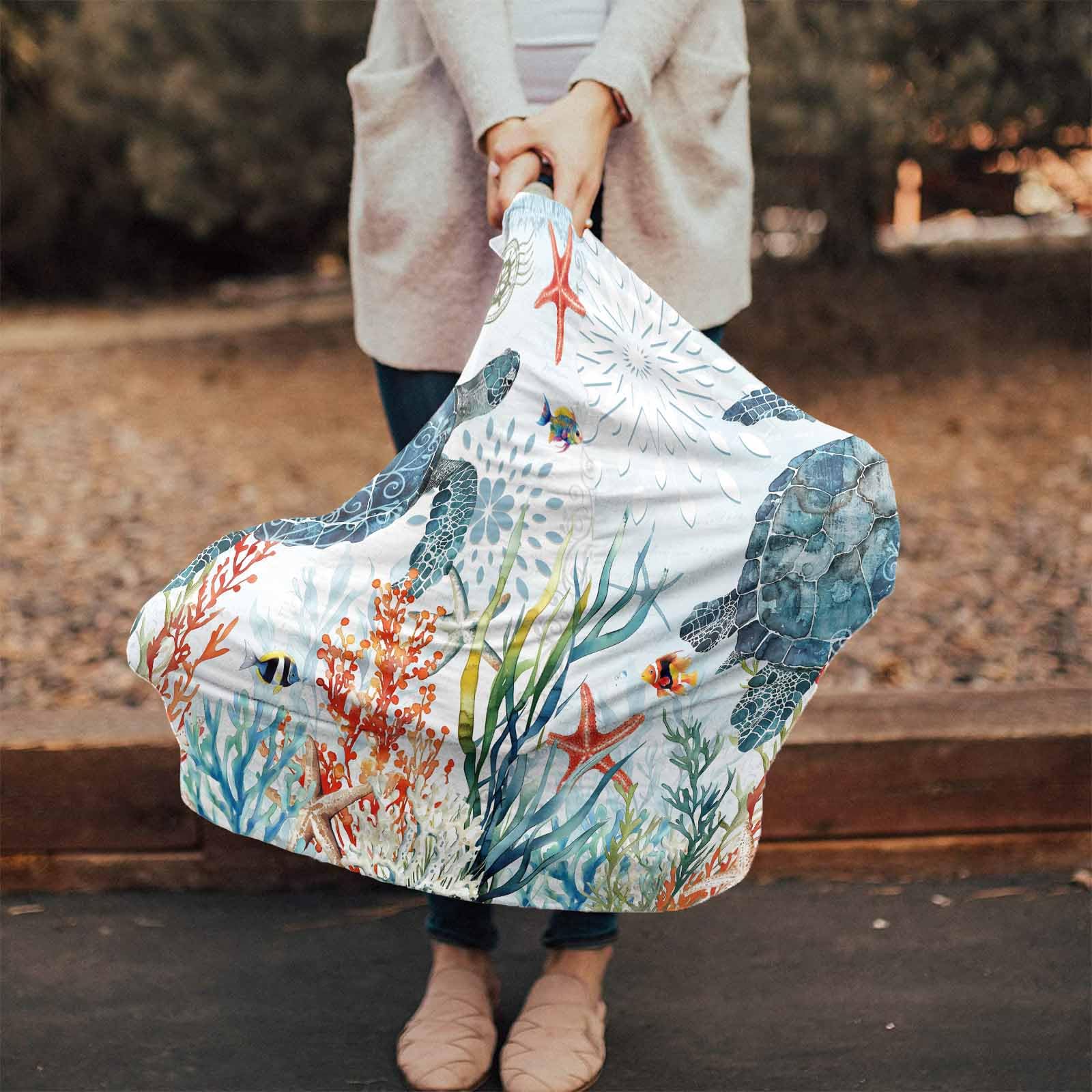 Red Coral Retro Nautical Style Summer Ocean Nursing Cover for Breastfeeding Scarf, Blue Turtle Baby Car Covers Super Soft Multi Use for Canopy Shopping Cart Cover Blanket Stroller Cover