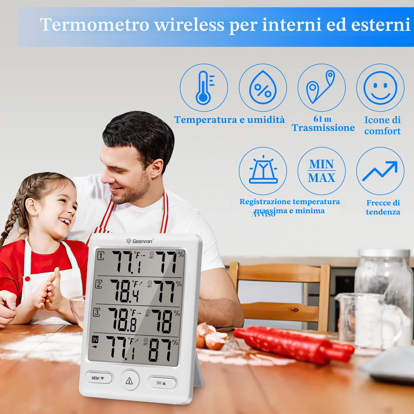 Geevon Termometro per interni ed esterni, wireless, con 3 sensori remoti, igrometro digitale, termometro per interni, misuratore di umidità della temperatura con portata di 60 m