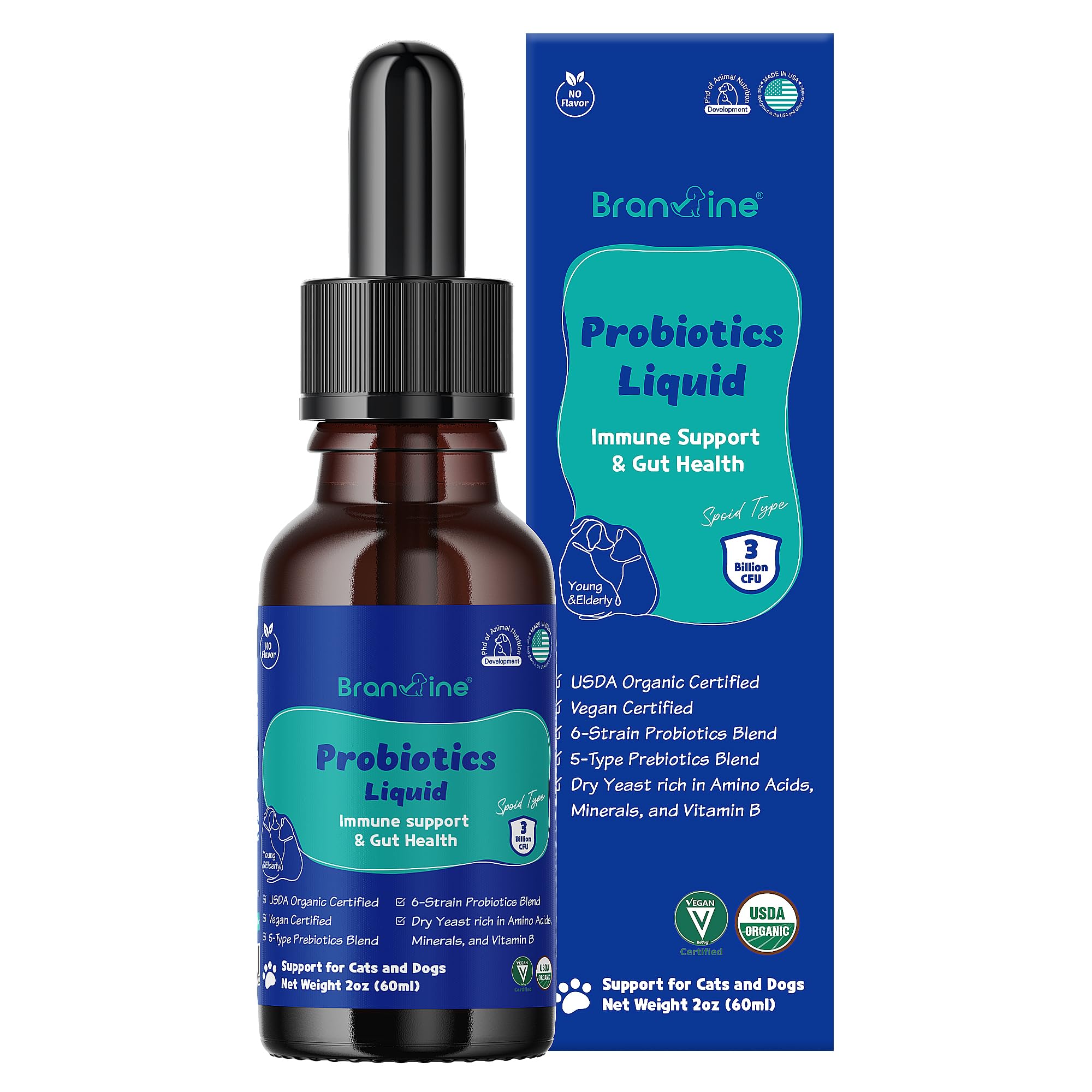 Branvine Probiotics Liquid Immune Support& Gut Health for Cats and Dogs - 6-Strains Probiotics with 5 Type Prebiotics, Dry Yeast (60 ml)