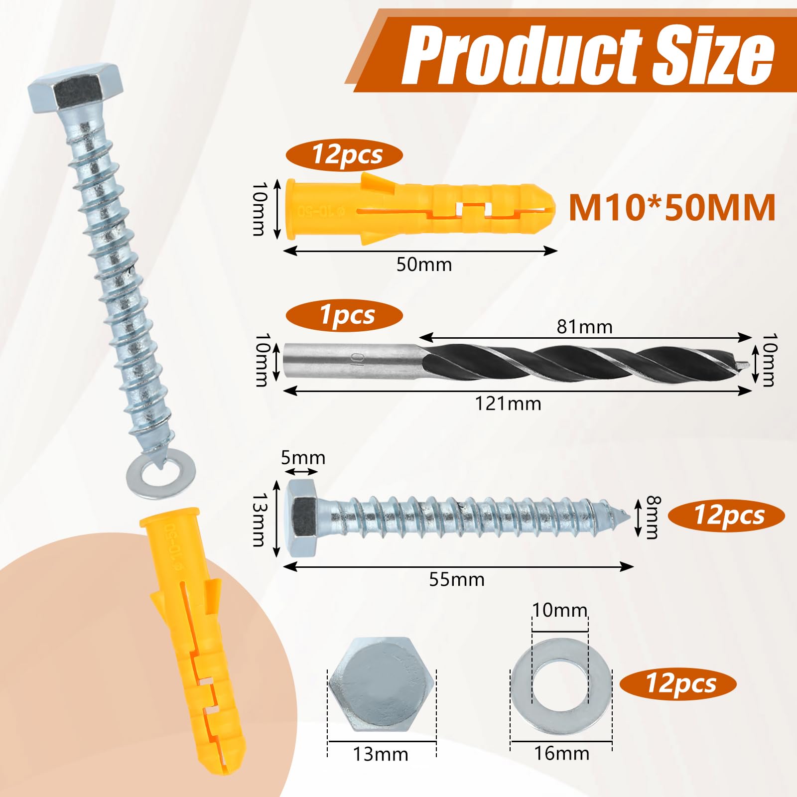 12Pcs M10x50 mm Wall Plugs and Screws Set, TV Bracket Screws and Wall Plugs, M10 Wall Plugs - Image 2