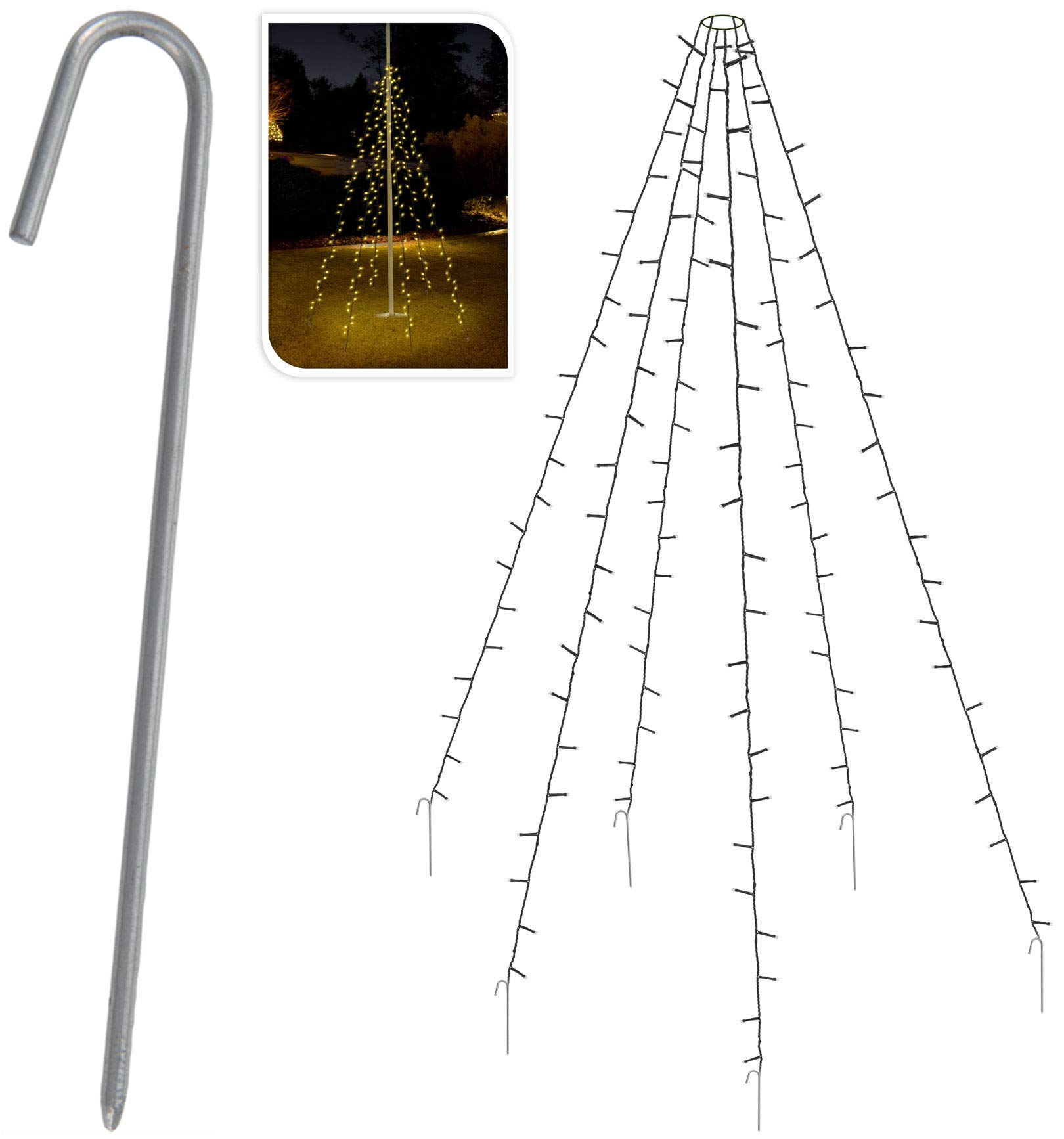 Spetebo Lichterkette für Fahnenstangen bzw. Fahnenmast - 10 Stränge à 8 Meter mit 360 LED in warm weiß - Kabelfarbe schwarz, Lieferung inkl. Heringe und IP44 Netzteil