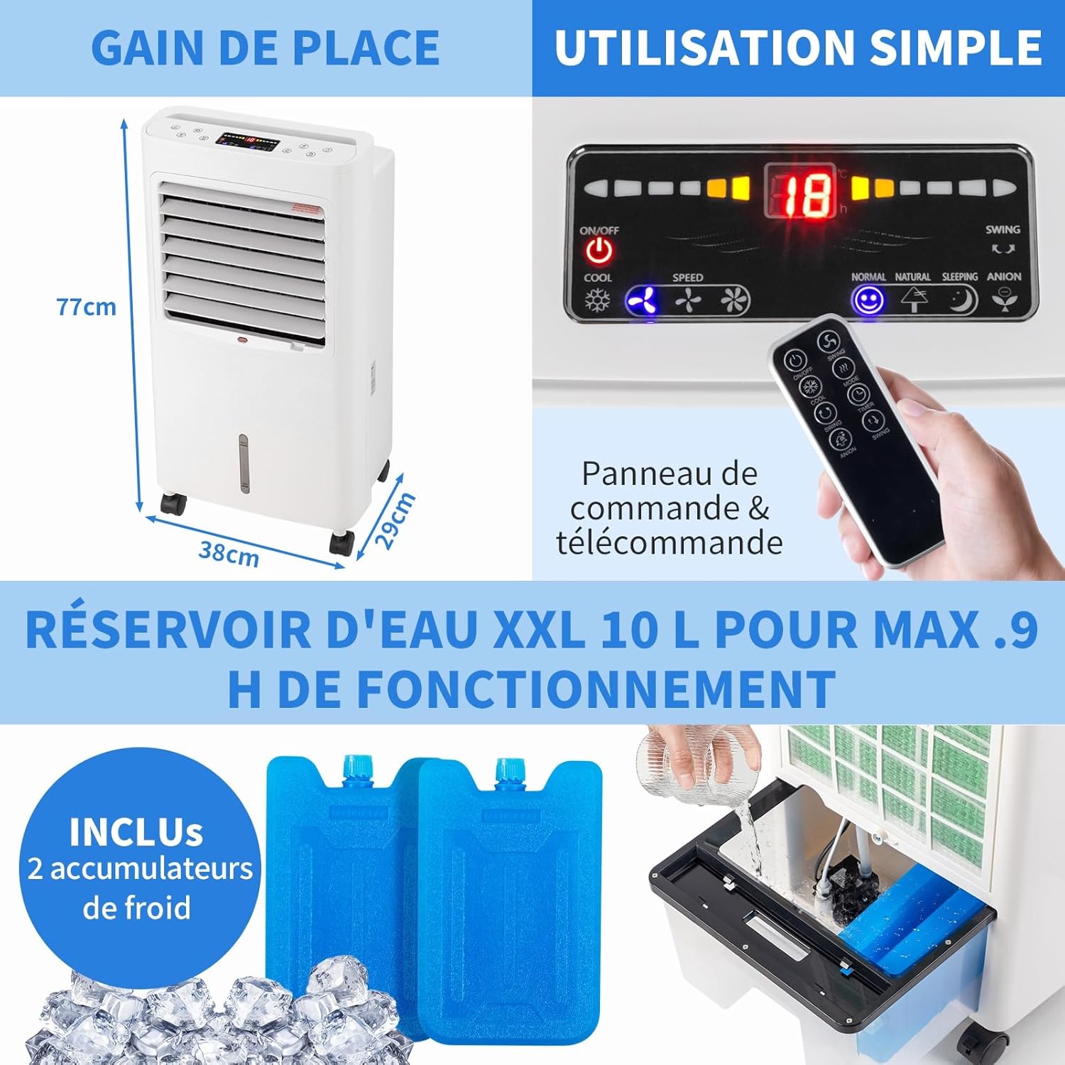 LEADZM Mobile Air Cooler showing dimensions and control panel details.