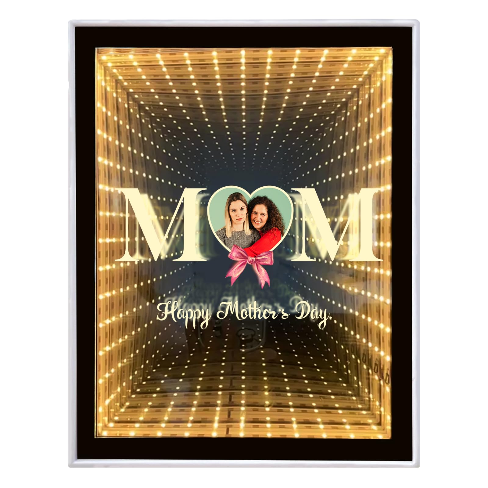 Personalised Photo Frame Infinity Mirror, Custom Mothers Day, Thanksgiving, Birthday Gifts for Mom, Desktop LED Night Light Makeup Mirror 2 in 1, Home Decoration Bedroom Office Living Room