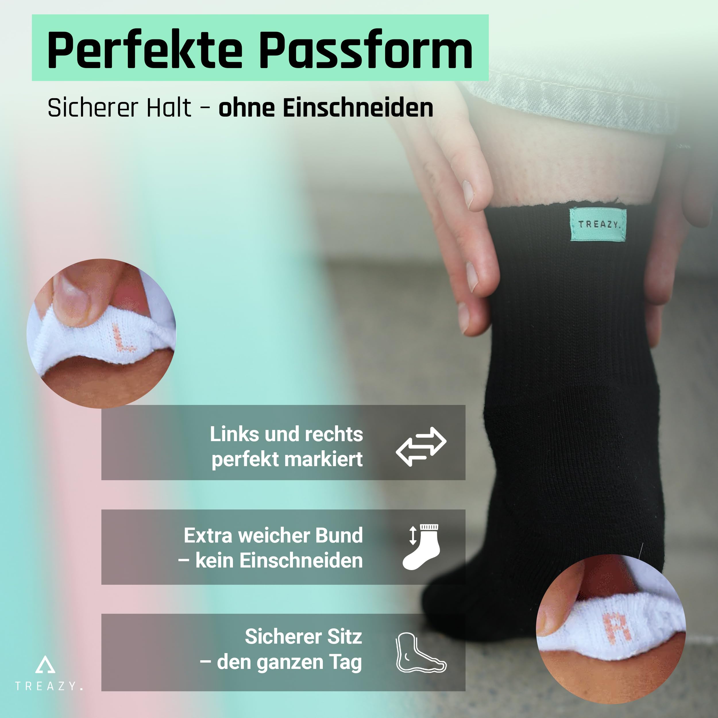 TREAZY Halbhohe Socken Quarter Socken aus Bio-Baumwolle – Schweiß und blasenfrei dank extra Lüftungskanälen und anatomischer Passform – besonders langlebig