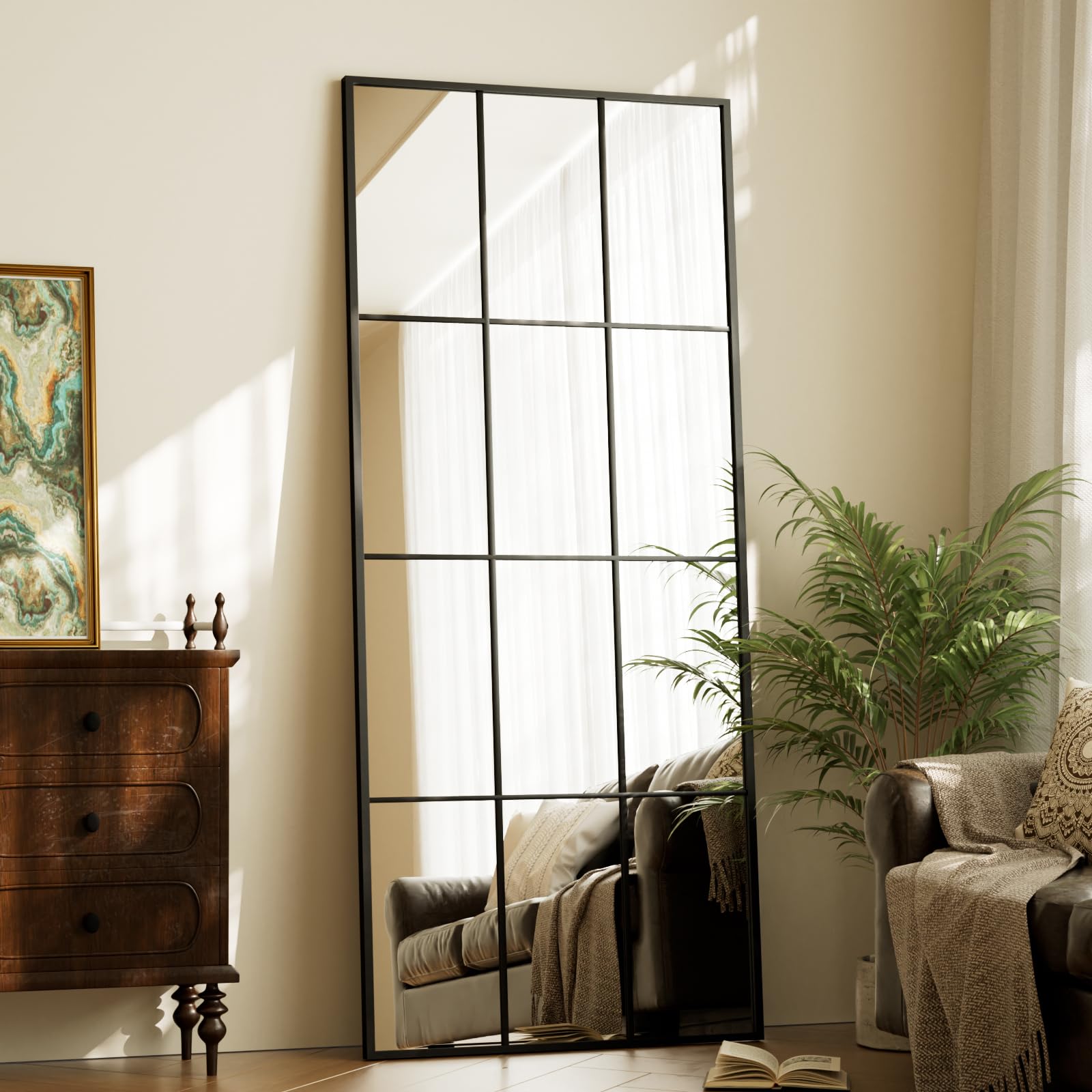 Koonmi Floor Mirror, 76x180 cm Full-Length Mirror with Grid, Tempered Glass Explosion-Proof Decorative Mirror, suitable for Bedroom, Entryway and Various Styles, Black