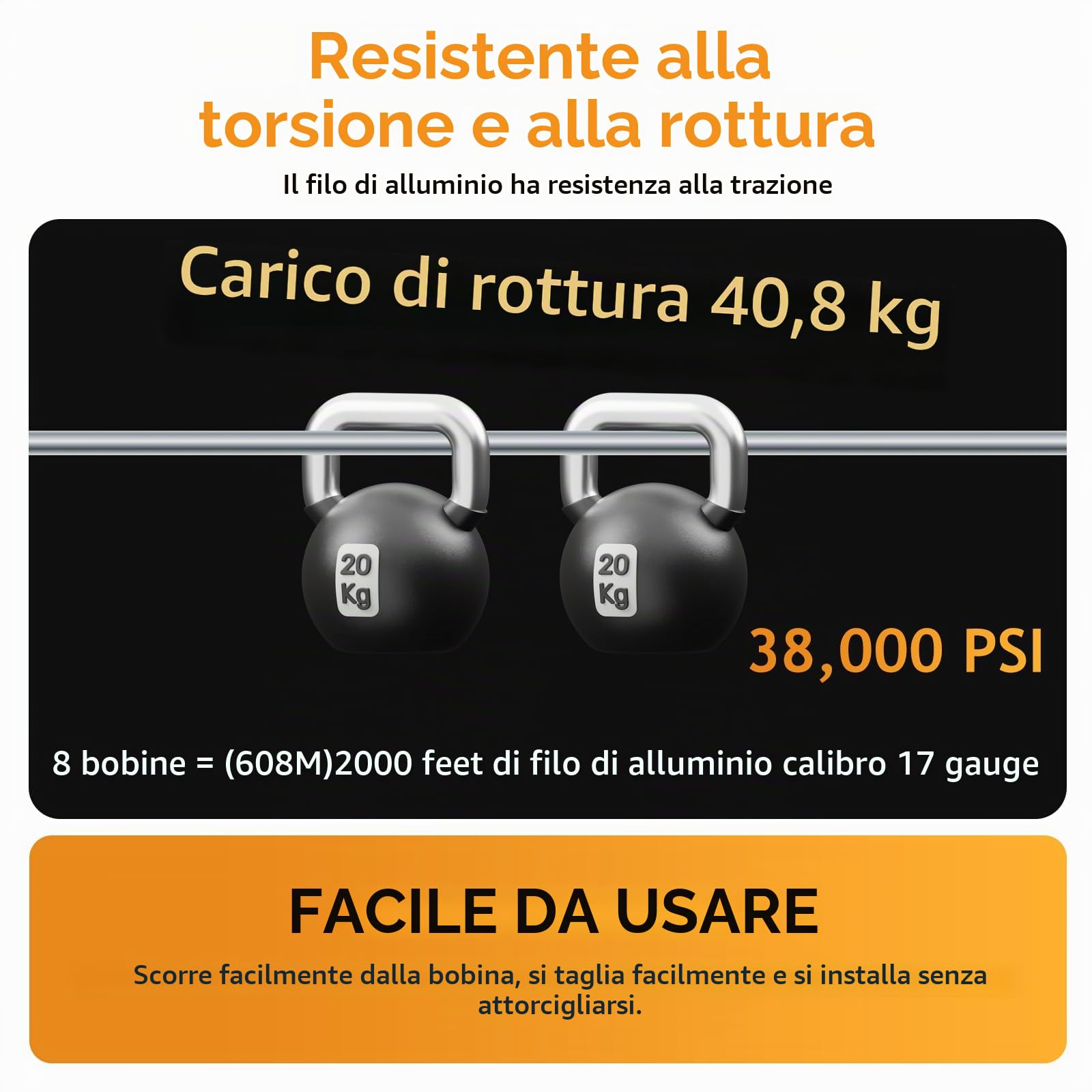 Filo in Alluminio 17 Gauge per Recinzione Elettrica 608 m | 2000 ft, Alta Conduttività, Antiruggine, 4× Migliore dell’Acciaio, Filo Resistente per Recinzioni di Fattoria e Giardino