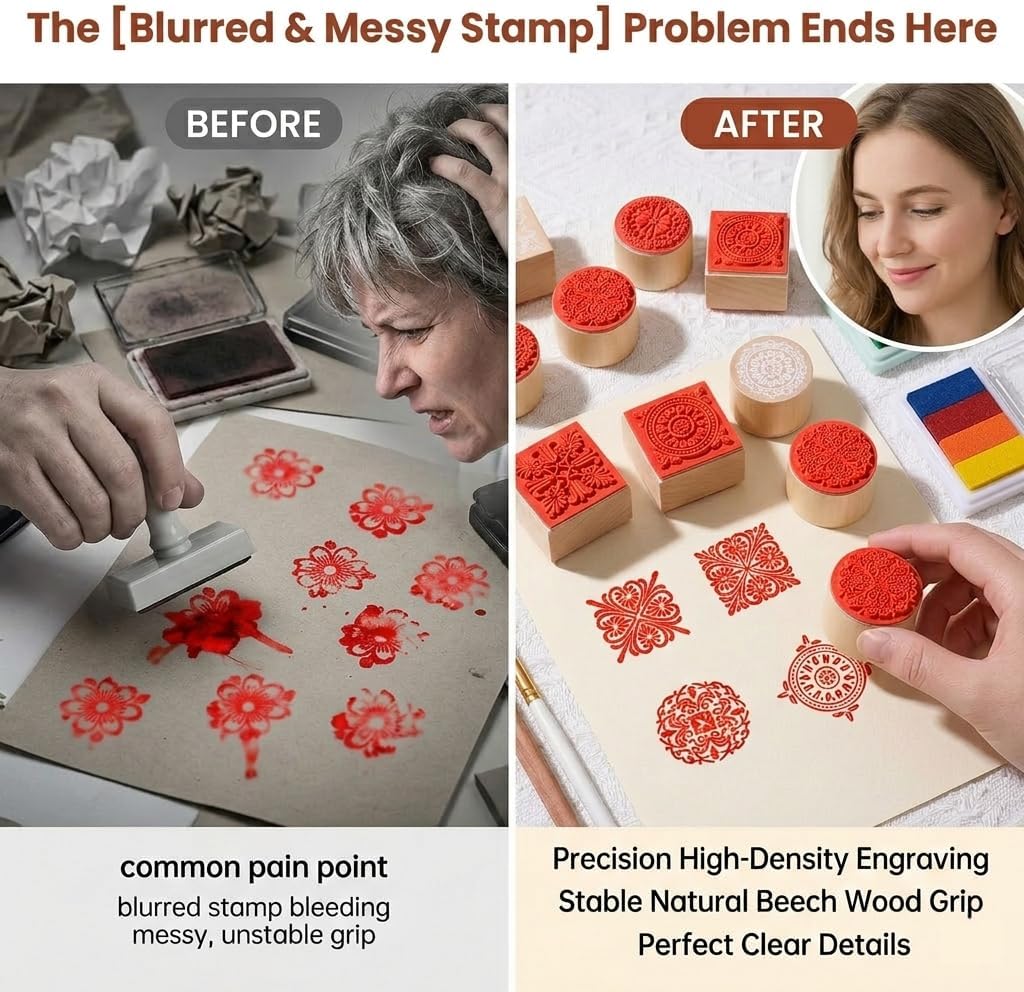 12Pcs Rubber Stamps Set Wooden Floral Pattern Decorative Embossing Stamper for Card Making, Scrapbooking Ink Stamping and Clay Pottery Crafting Supplies, DIY Arts, Journals