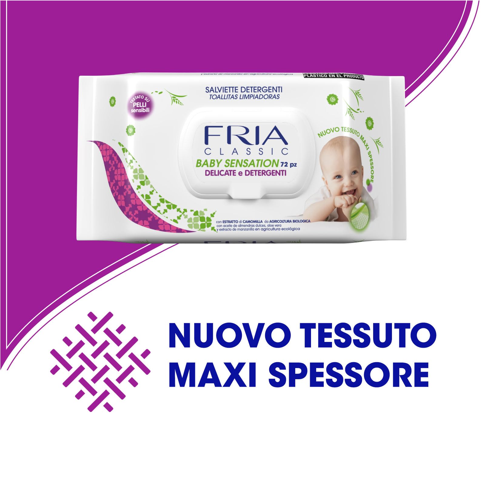 Salviette per Bambini Baby Sensation Classic con Coperchio - Estratto di Camomilla - 72 Salviette - FRIA
