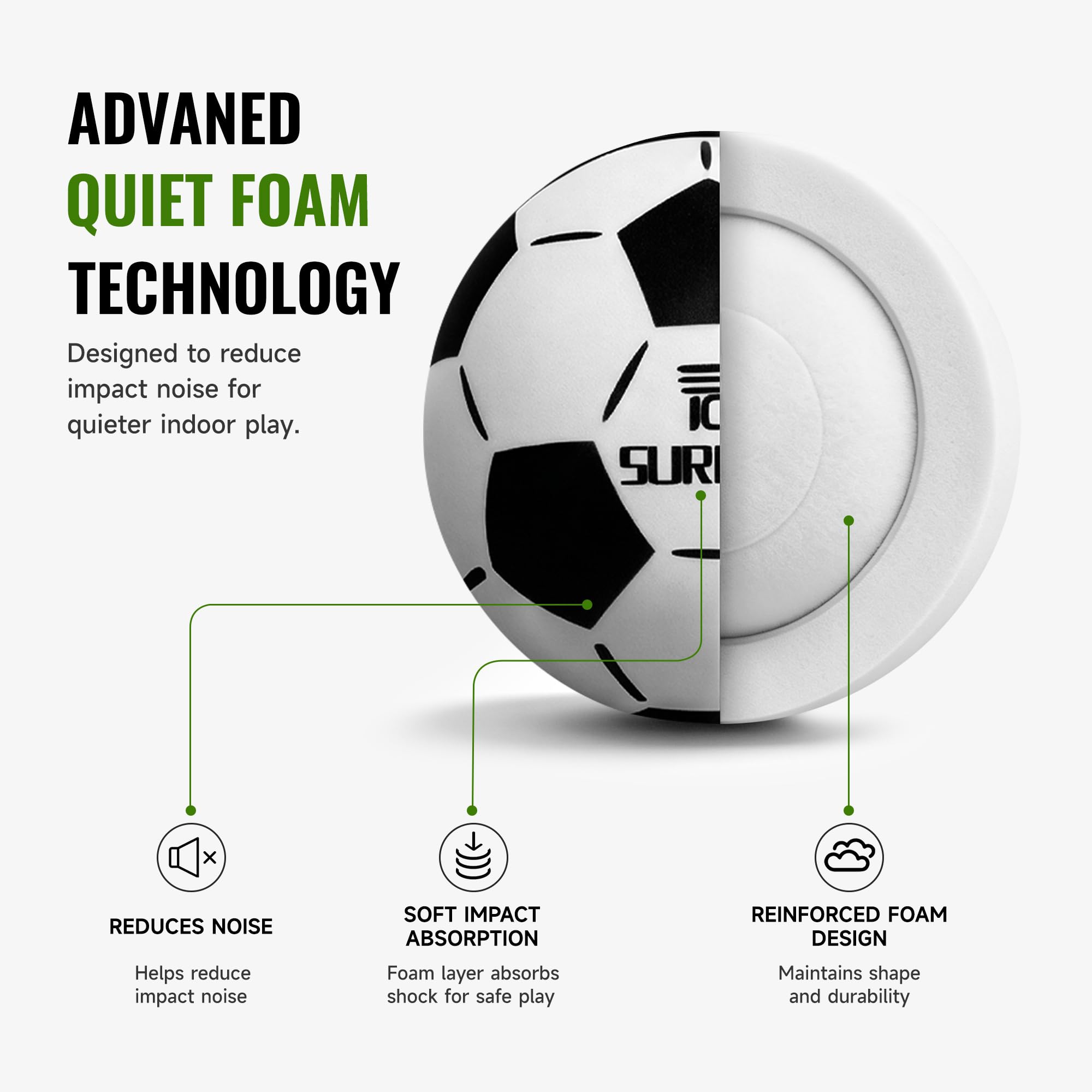Surpop Balón de fútbol silencioso tamaño 5 – espuma, regate silencioso en interiores, juego sin sonido para entrenamiento en casa