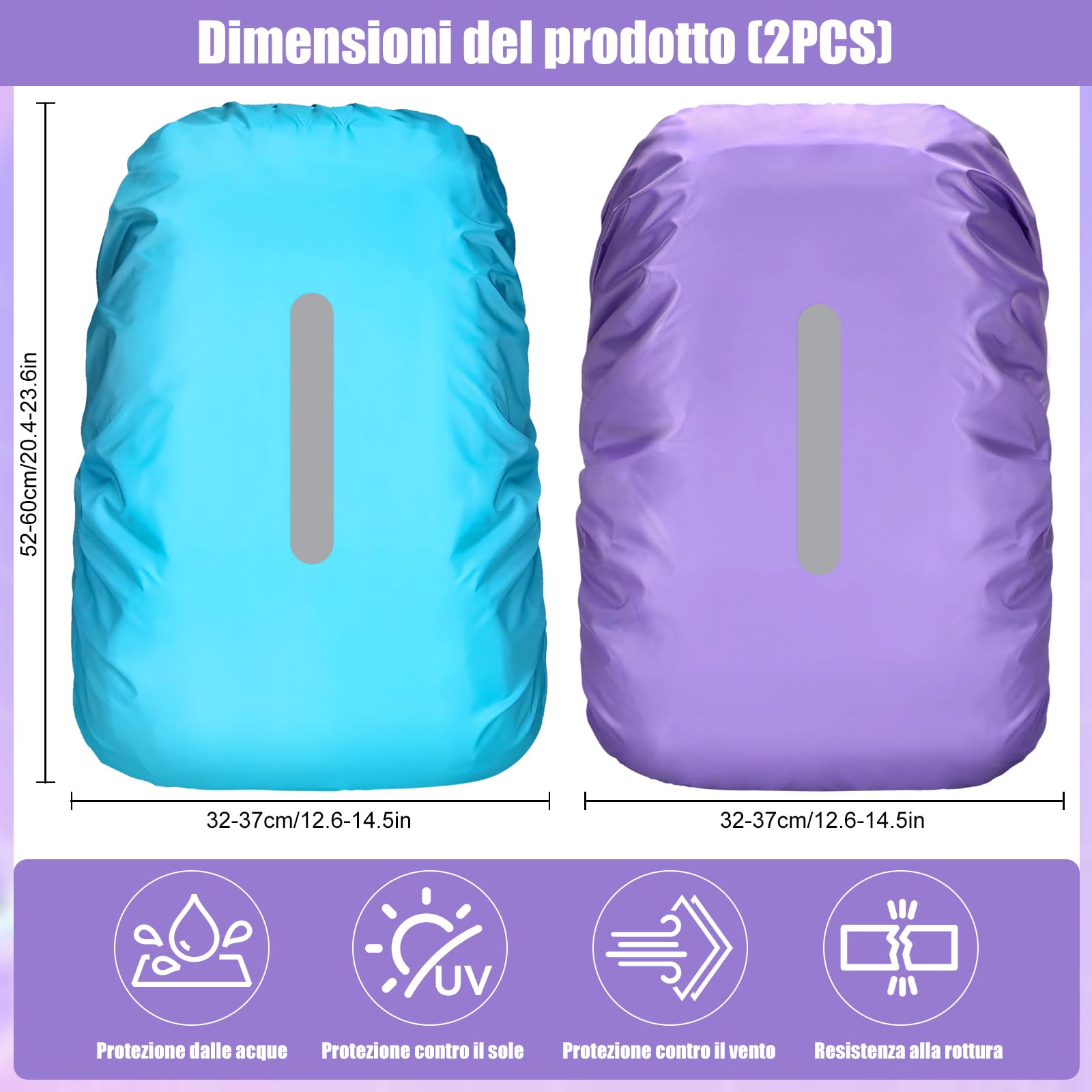 2 Pezzi Coprizaino Impermeabile con Strisce Riflettenti, Parapioggia per Copri Zaino, Antipioggia Coprizaino Trekking Impermeabile, Copertura Zaino Antipioggia per Trekking, Viaggio, 40L-50L