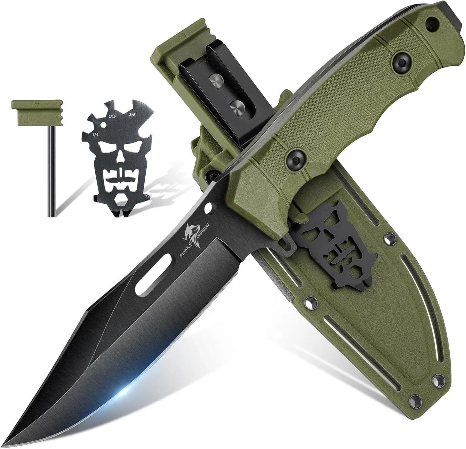 Fixed Blade Knife with Kydex Sheath Green Ergonomic G10 Handle, Gifts for Men