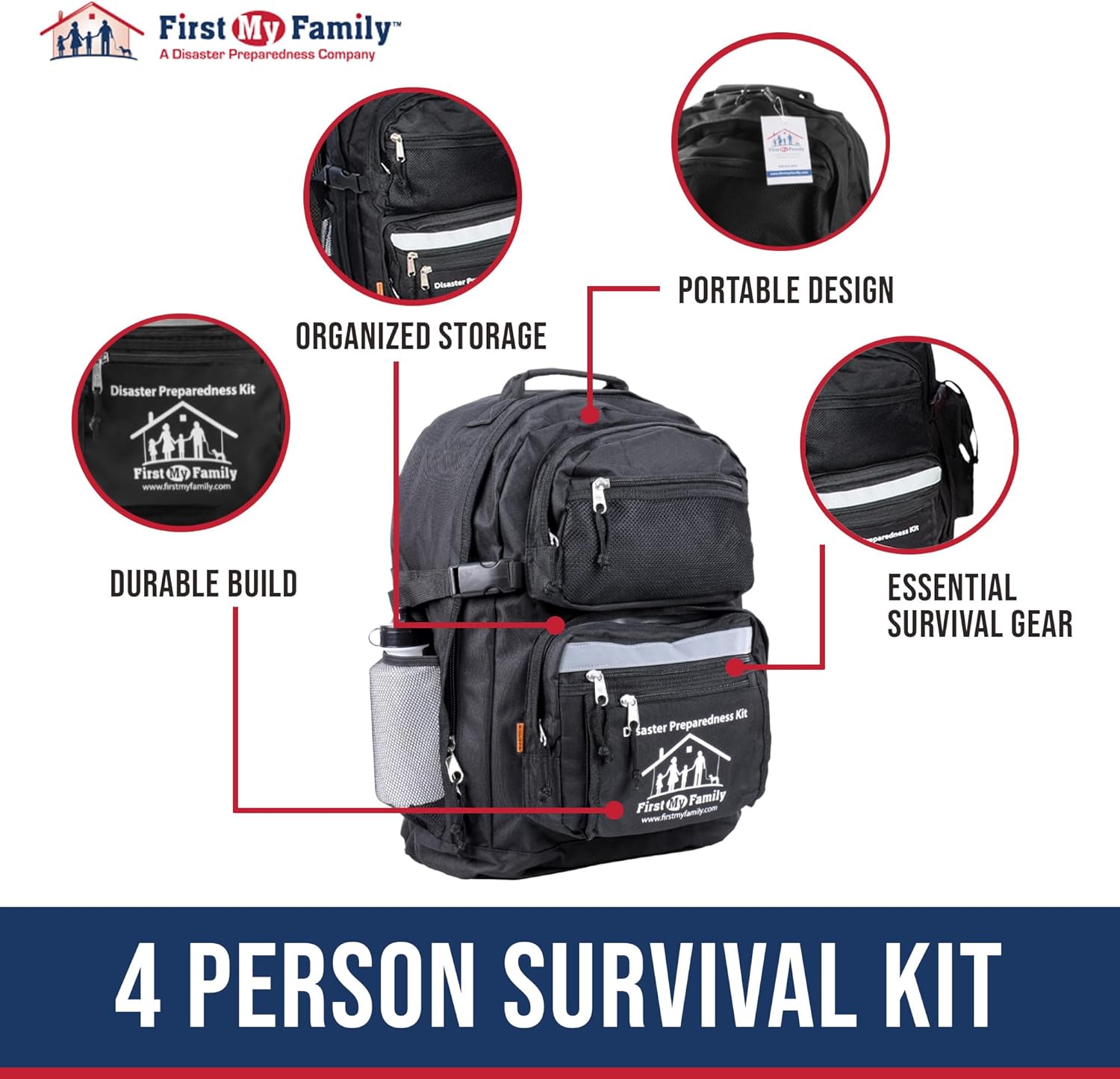 First My Family All-in-One 4-Person Premium Disaster Preparedness Survival Kit/Earthquake Kit with 72 Hours of Survival and First-Aid Supplies 4PKIT, FMF4PR