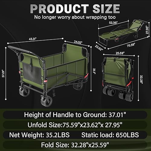 Miniatura 2 de LEVELEVE Carro plegable resistente, carrito plegable 2 en 1, capacidad de 650 libras, ruedas todo terreno con frenos y bolsillos laterales (verde