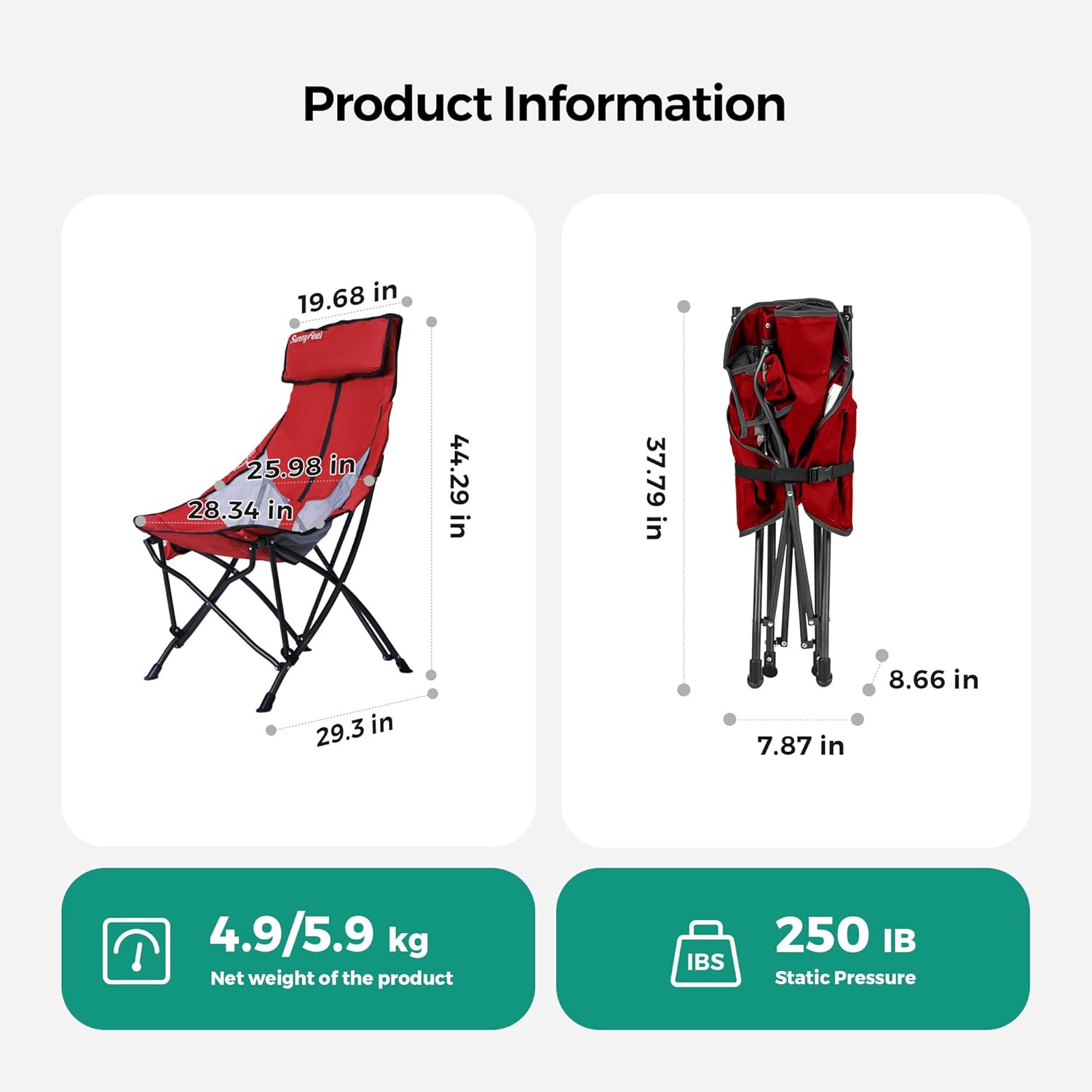 SUNNYFEEL High Back Camping Chair for Adults, Lightweight Camping Chair Support 250 lbs Heavy Duty, Compact Folding Chair Design, Portable & Collapsible Camping Chairs for Outdoor, Camp, Beach, Picnic Blue-1pc
