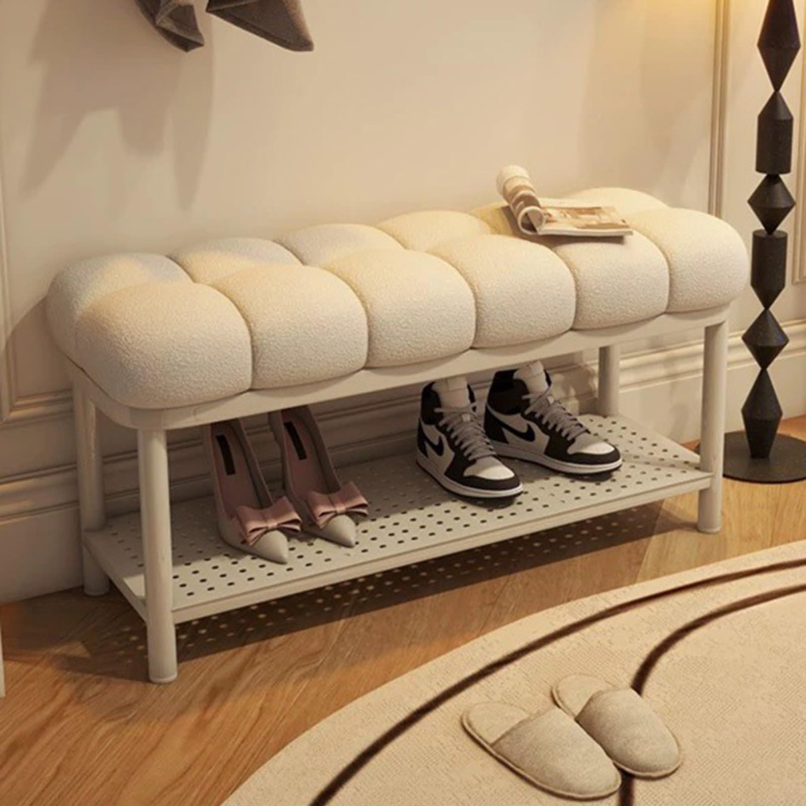 Banc à chaussures en métal de 120 cm avec coussin rembourré élégant pour entrée et salon