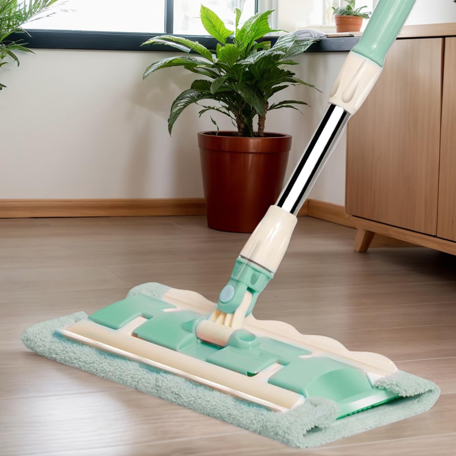 Mopa para Suelos Madera Mango Telescópico Giratorio 360 Grados | Mopa para seco y húmedo con 4 almohadillas lavables Raspador Incluido, Limpiador Para Suelos De Cocina, Baño, Garaje, Patio