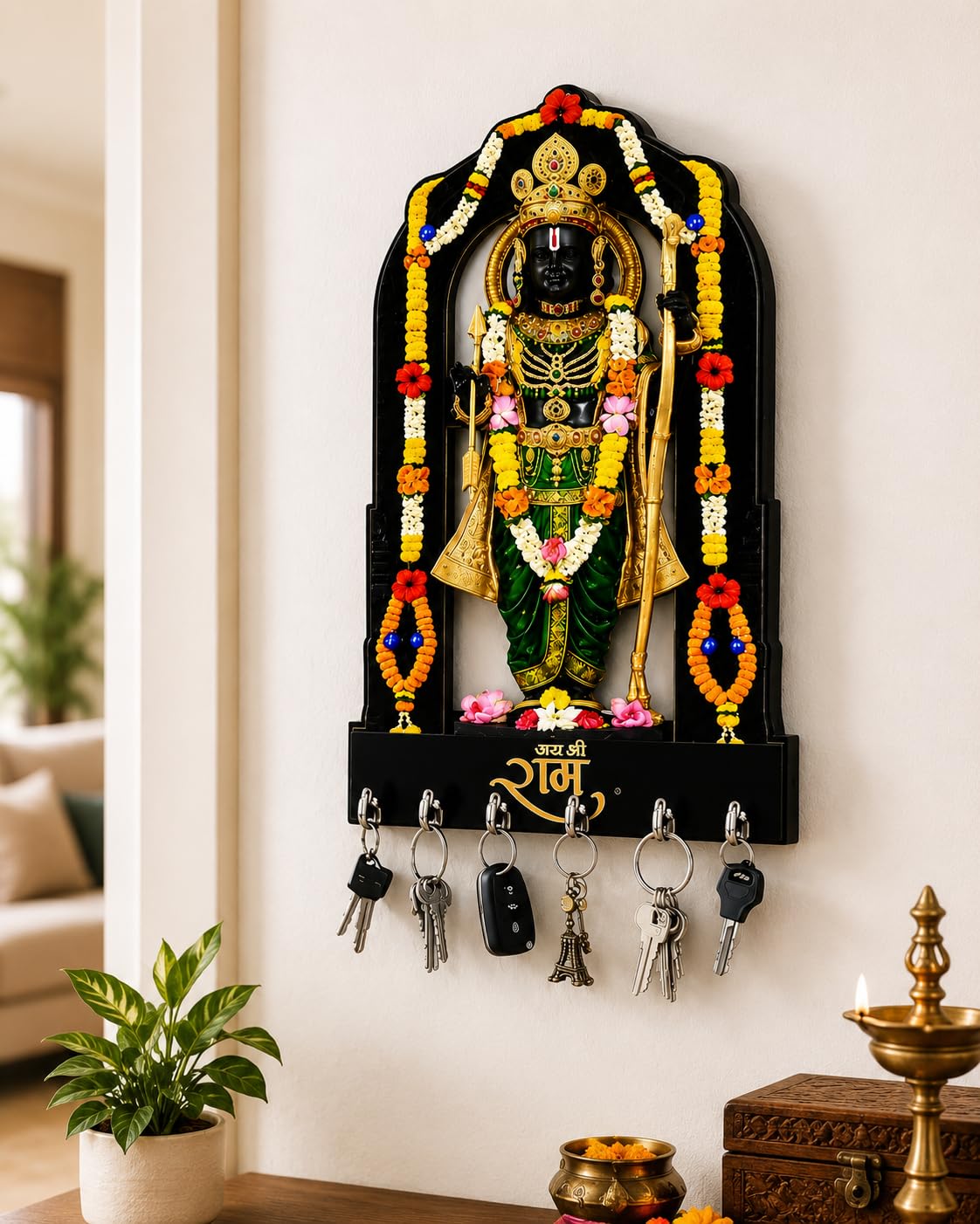 Ram Lalla Wooden Key Holder for Wall, Mandir Style, 6 Hooks, Decorative Wall Hanging Key Organizer for Home Entrance, Living Room & Office-image-46