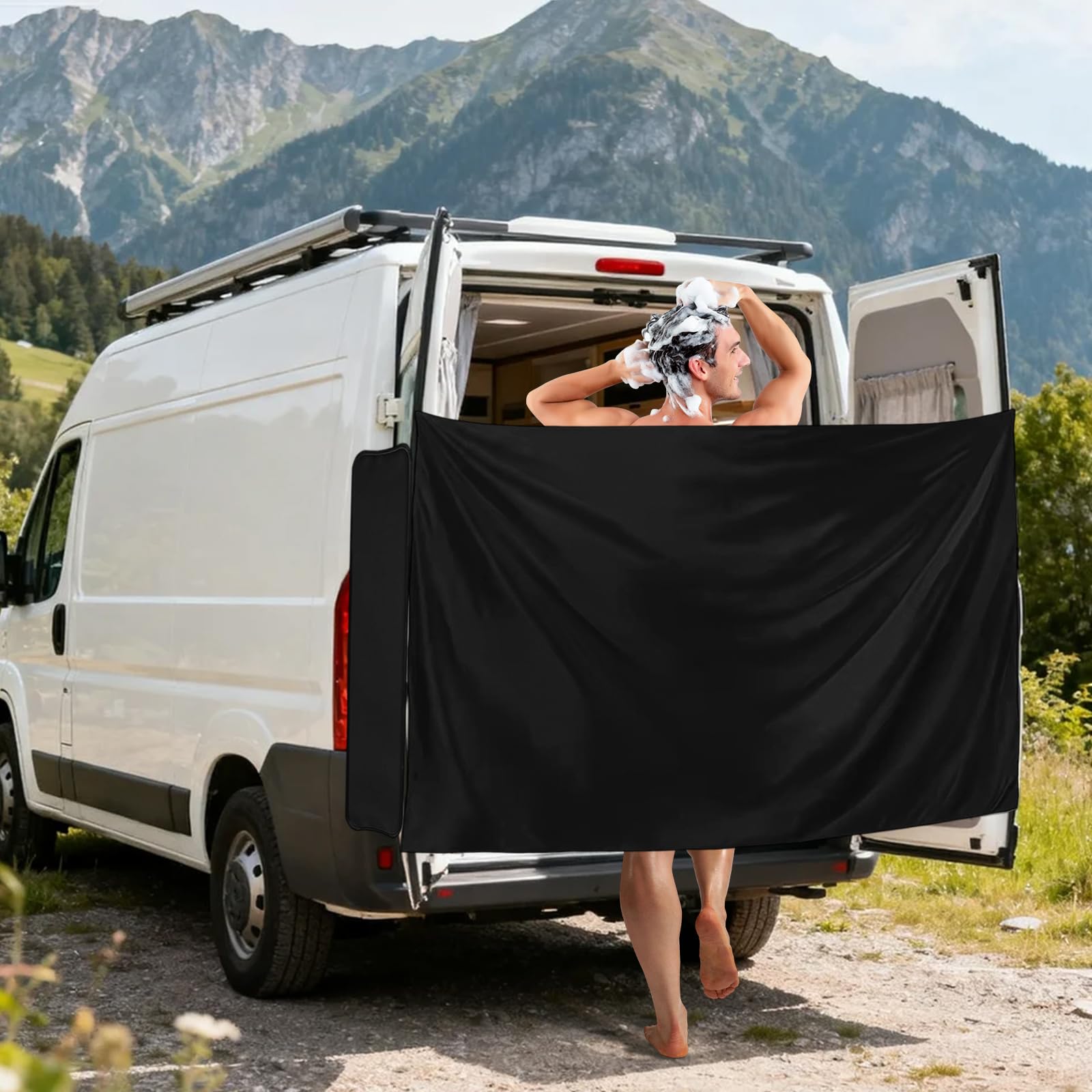 Sichtschutz & Duschvorhang mit Magnethalterung, 600D Wasserdicht Oxford RV Truck SUV Hecktür Duschvorhang mit Haken und seitliche Sichtschutzwände, Wiederverwendbarer Sichtschutz