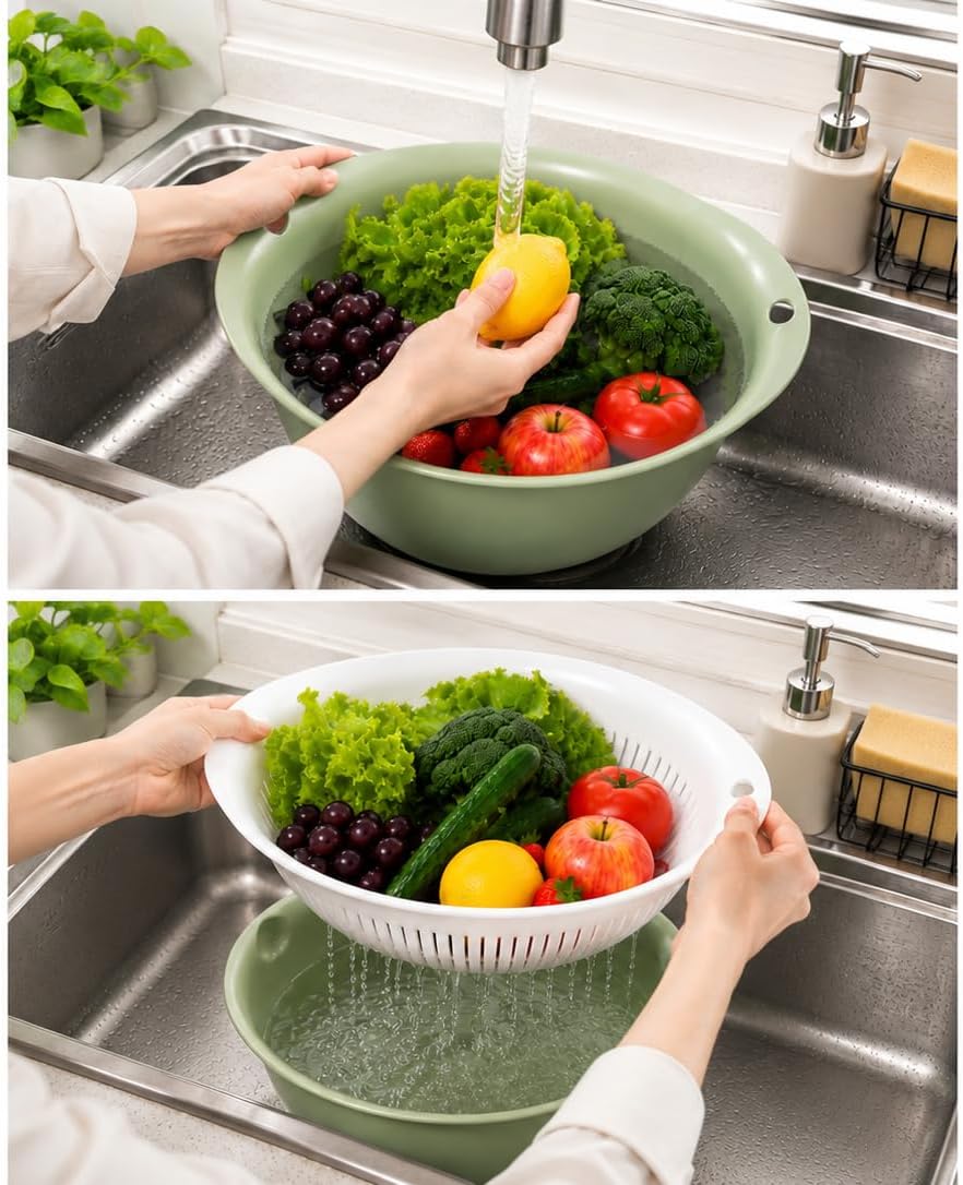 Plastic Colander Set with Handles, 2 Pack Pasta Strainer Bowls for Vegetables, Fruits, Salad & Food Washing, BPA Free Kitchen Colanders, Mint Green & White