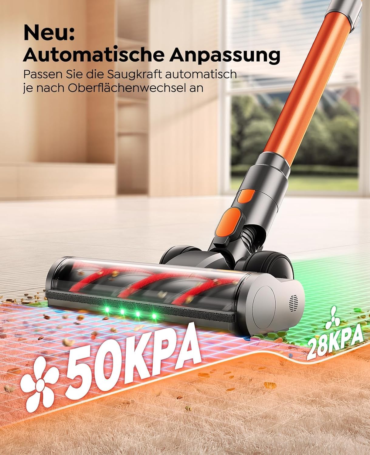 Fieety Akku Staubsauger,600W/50kPa/65Min Staubsauger Kabellos mit Wandmontierte Ladestation, Aromatherapie, Automatikmodus, Flexibles Biegegelenk, 1M Schlauch für Hartböden Teppiche Tierhaare Auto