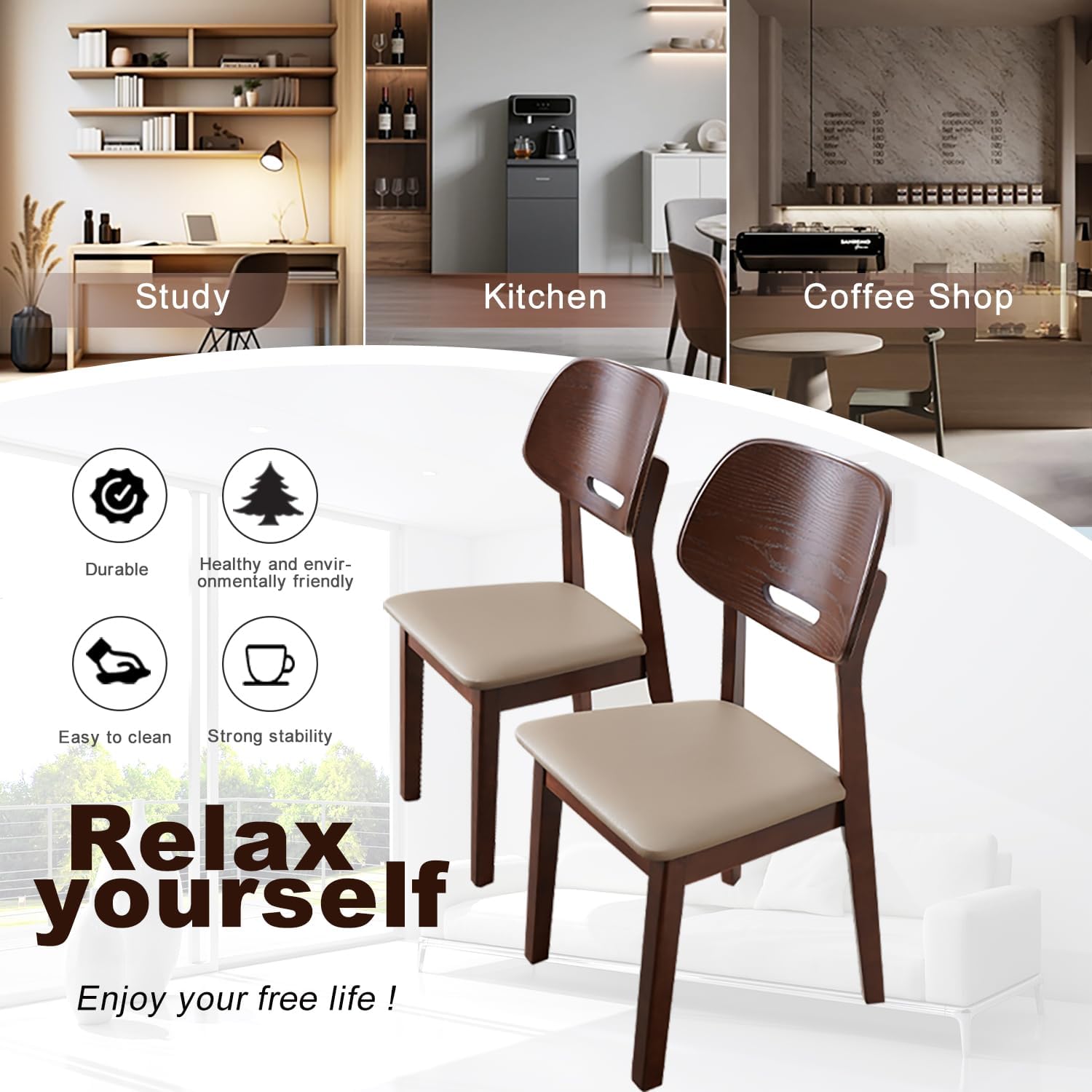 Solid Wood Dining Chairs Set of 2, Upholstered Modern Dining Table Chairs, Mid Century Kitchen Chair with Curved Backrest, for Farmhouse, Restaurant, Café (Walnut Color)