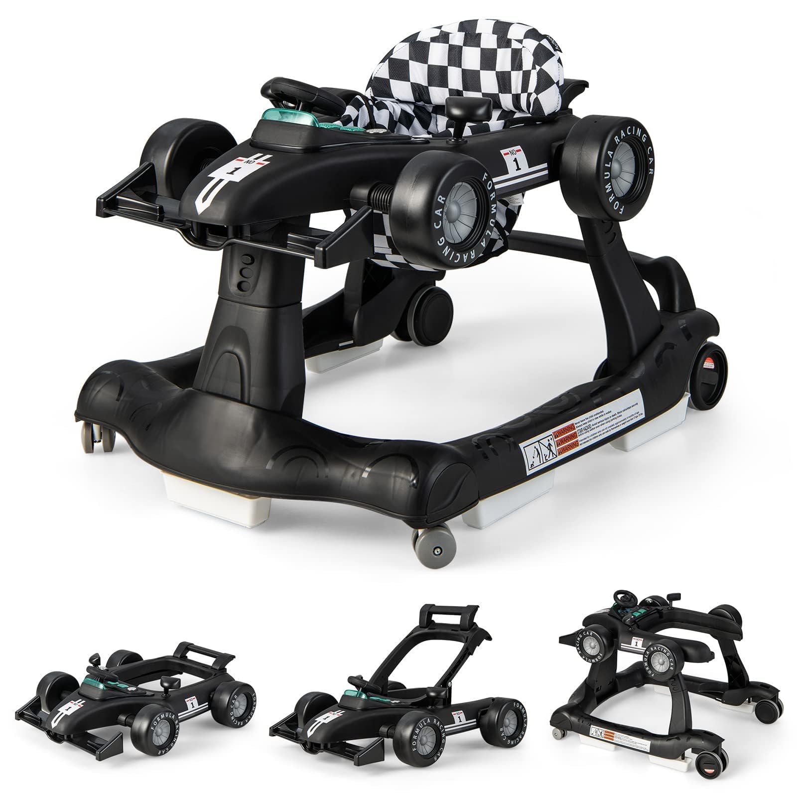 RELAX4LIFE Girello per Bambini 6 in 1 con Luci e Suoni, Vassoio Giocattolo Rimovibile, 2 Velocità Ruote e 3 Altezze Regolabili 50,5/53,5/55,5 cm, Portata 12 kg (NERO)