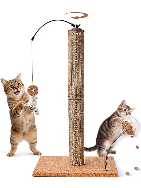 Arranhador para gatos Odoland com cortiça, bola para petiscos e brinquedo de penas, 65 cm