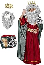 Gojoy shop - Wizard King Melchorus Costume, Baltasar, Caspar for Children Christmas Carnival (Contains: Crown, Beard, Tunic, Cape, Belt and String Backpack.)
