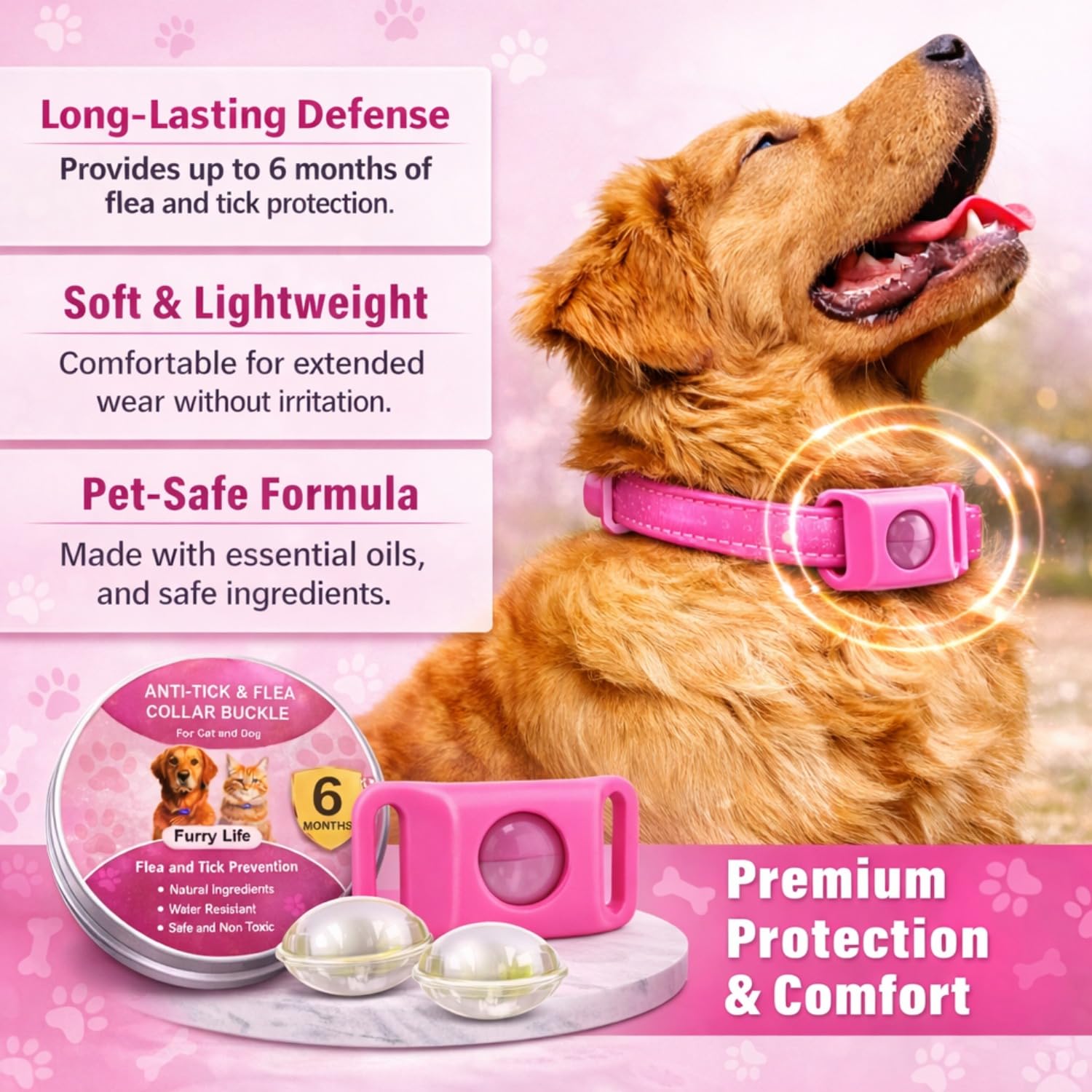 Furry Life Flea & Tick Prevention Pet Tag β Waterproof Collar Pendant, Chemical-Free Protection for Dogs, Cats & Small Pets, Safe for All Breeds (Pink) 3