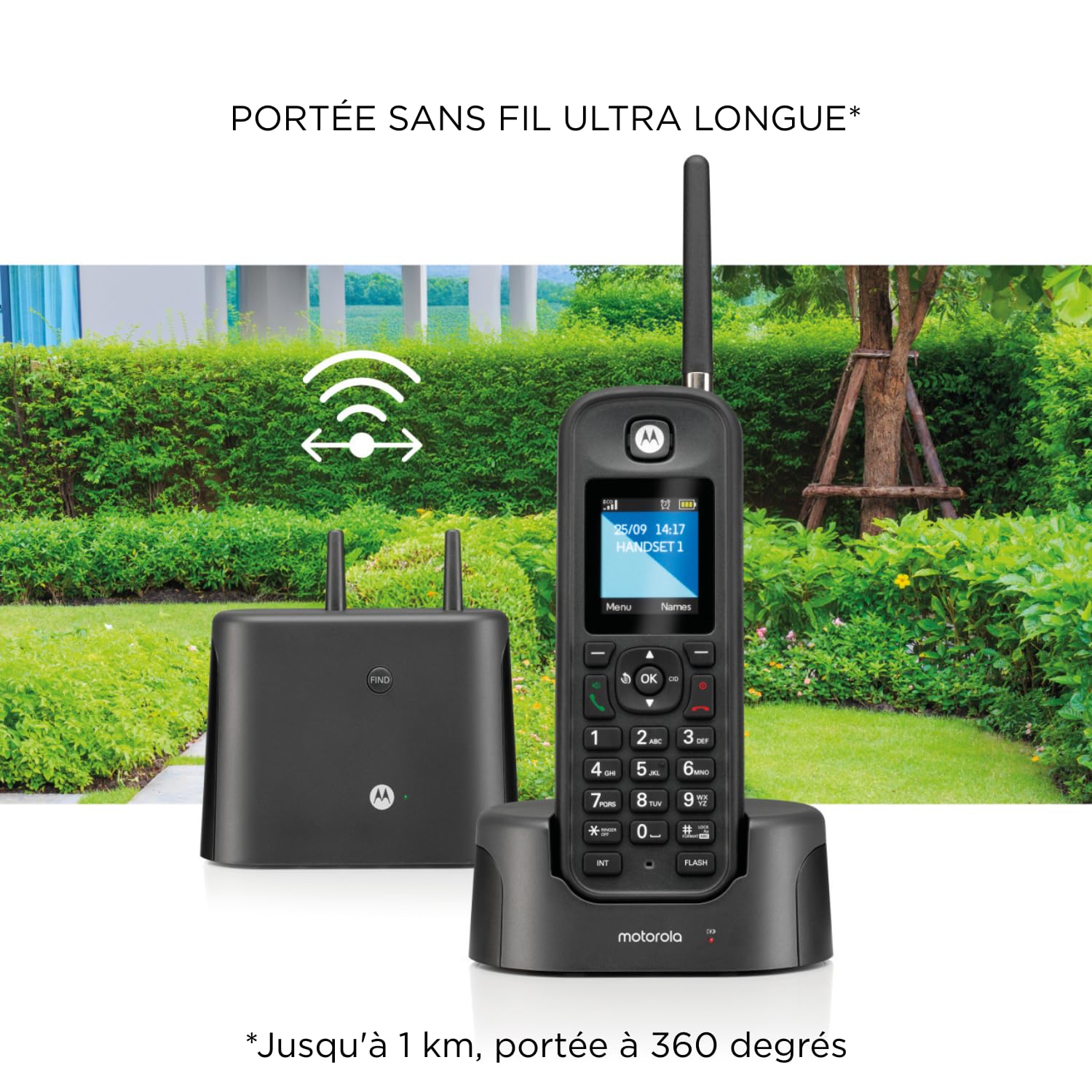 Motorola - Téléphone fixe sans fil DECT O201, identification de l'appelant, rétroéclairage, répertoire téléphonique de 200 numéros, mains libres, idéal pour une utilisation en extérieur, noir
