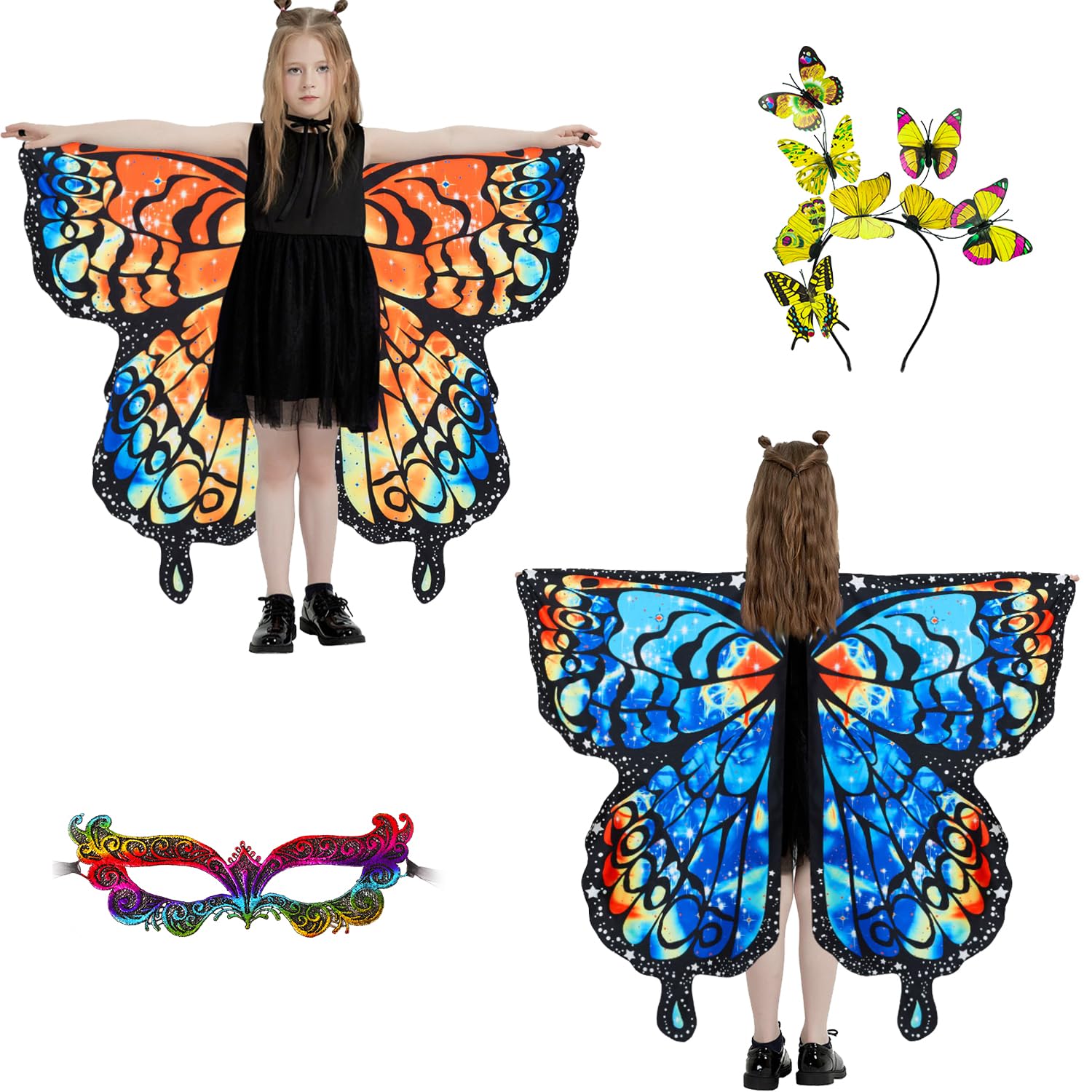 plainshe Halloween Costumes for Kids, Double Sided Butterfly Wings, Fairy Wings for Girls, 3PCS Butterfly Costumes Set.