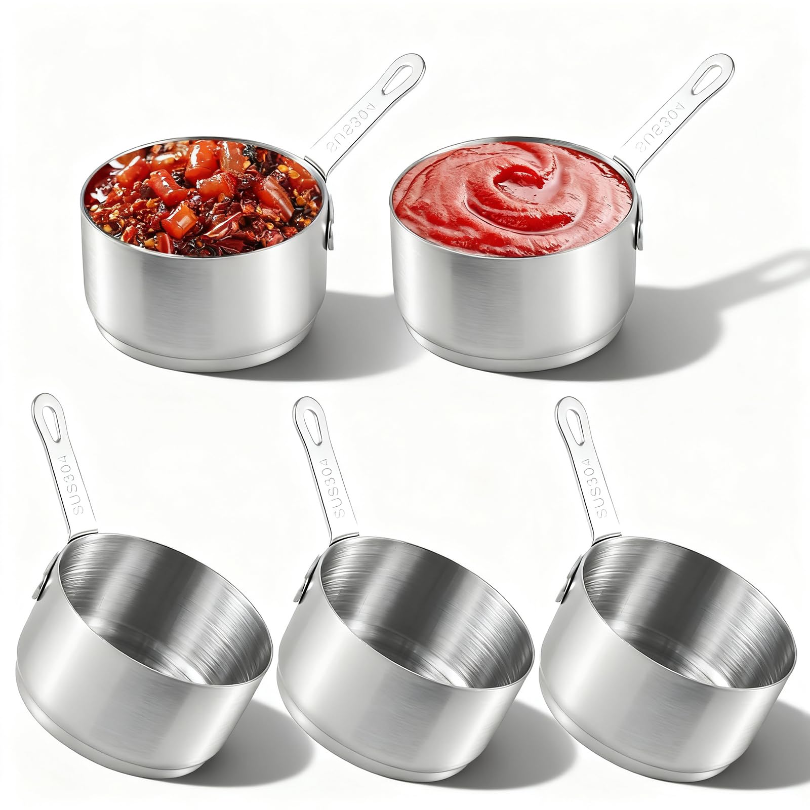5 PCS Mini Saucepan, 100ml 3.38oz Condiment Sauce Cups with Handle Stainless Steel Mini Sauce Pot Small Dipping Bowls Commercial Grade Dipping Cups for Kitchen Picnic
