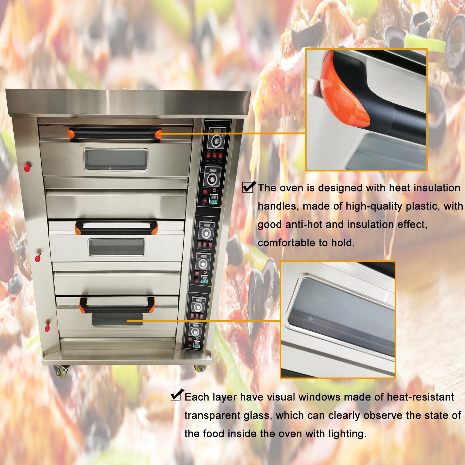 Horno de pizza comercial Máquina de hornear de Piza de calefacción de gas de 3 capas con 6 placas 110V 300W Horno de acero inoxidable para restaurantes Panaderías 0-99min 32.0 °F-752.0 °F 5