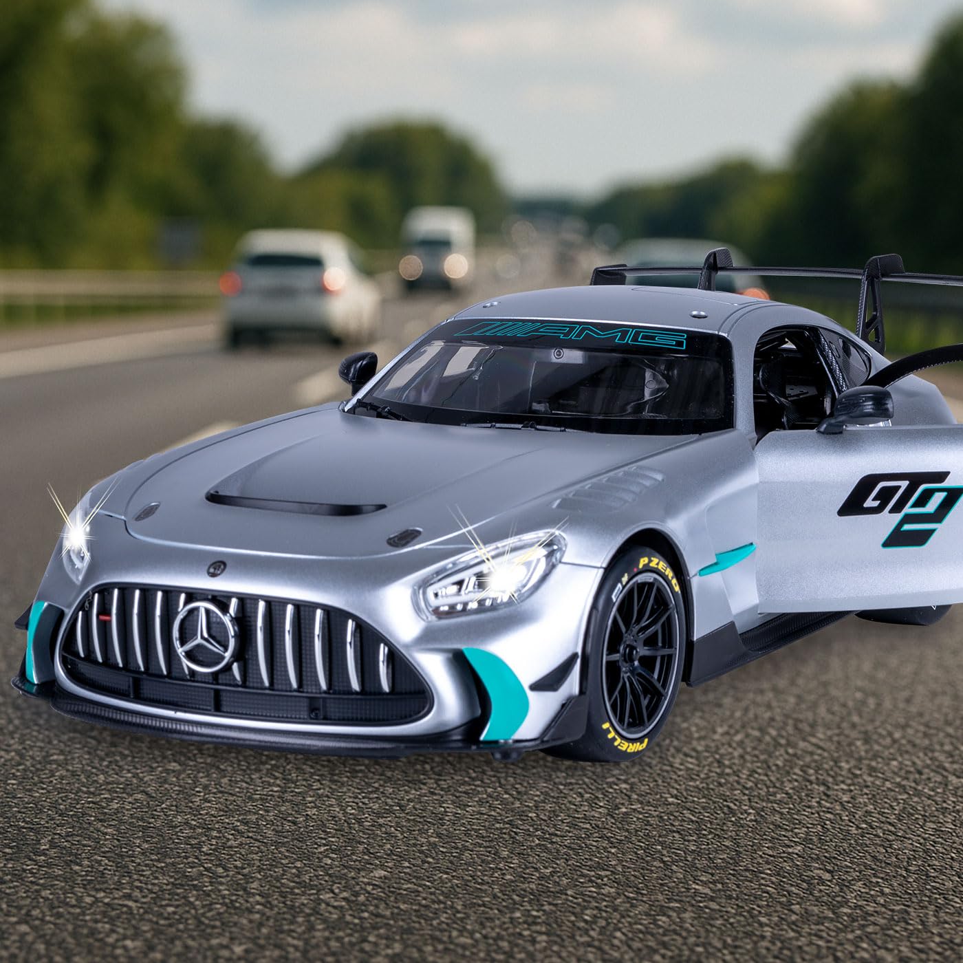 JAMARA 402241 Mercedes-AMG GT2 1:14 2,4 GHz – drzwi ręczne, zdalnie sterowany samochód RC, dla dzieci, zabawka z pilotem zdalnego sterowania, model samochodu, pomysł na prezent dla dzieci, światło LED
